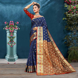 Navy Blue Woven Art Silk Saree - Peachmode