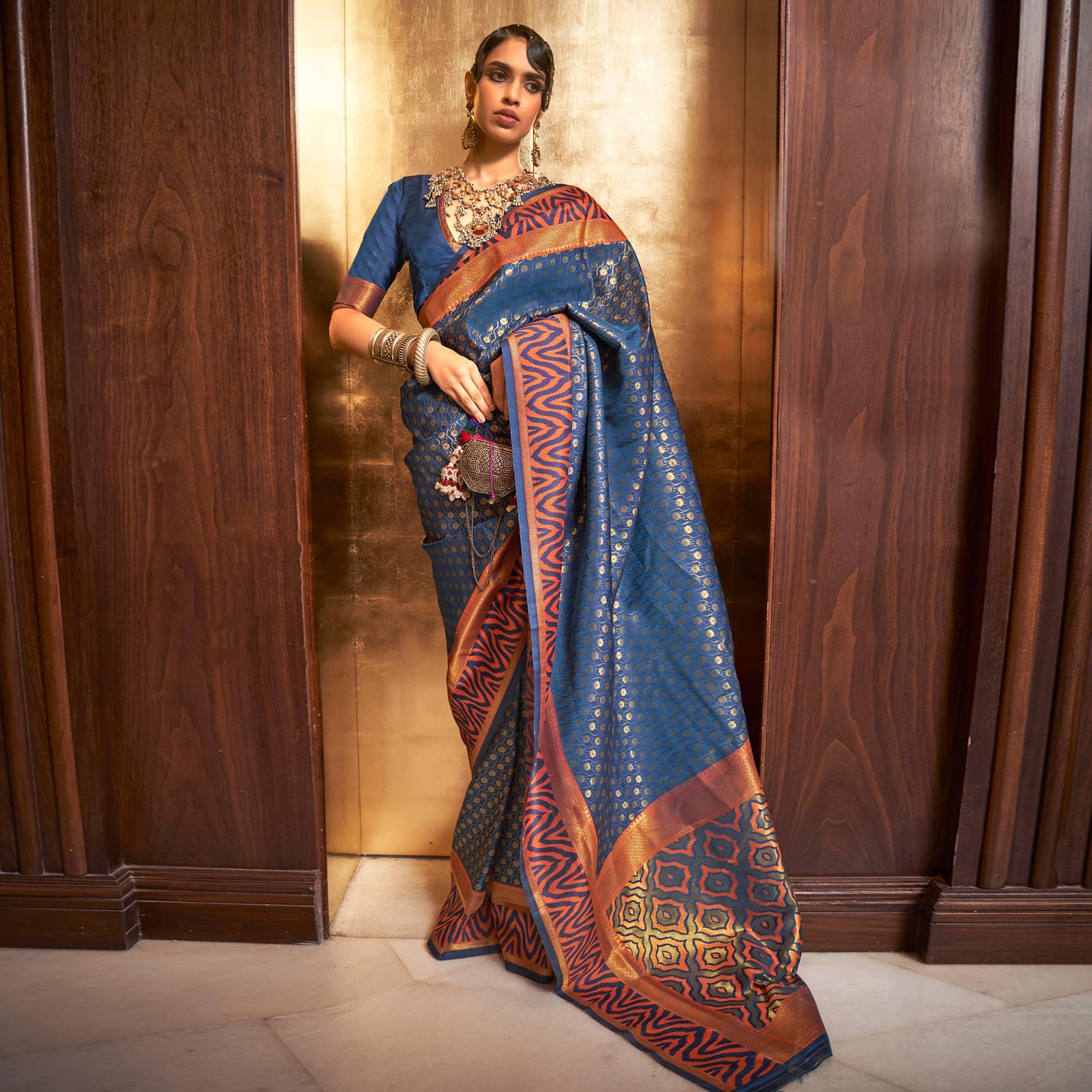 Navy Blue Woven Art Silk Saree - Peachmode