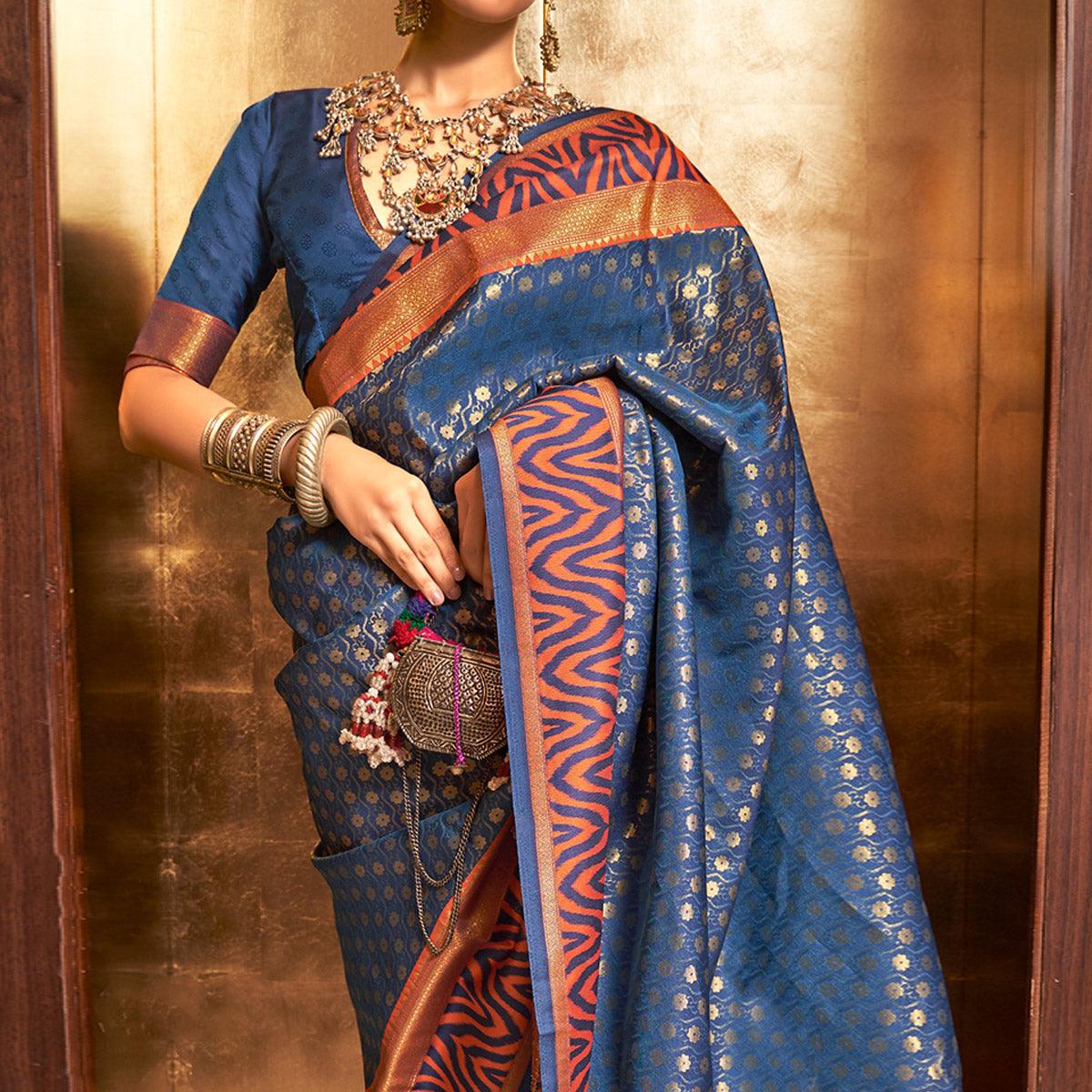 Navy Blue Woven Art Silk Saree - Peachmode