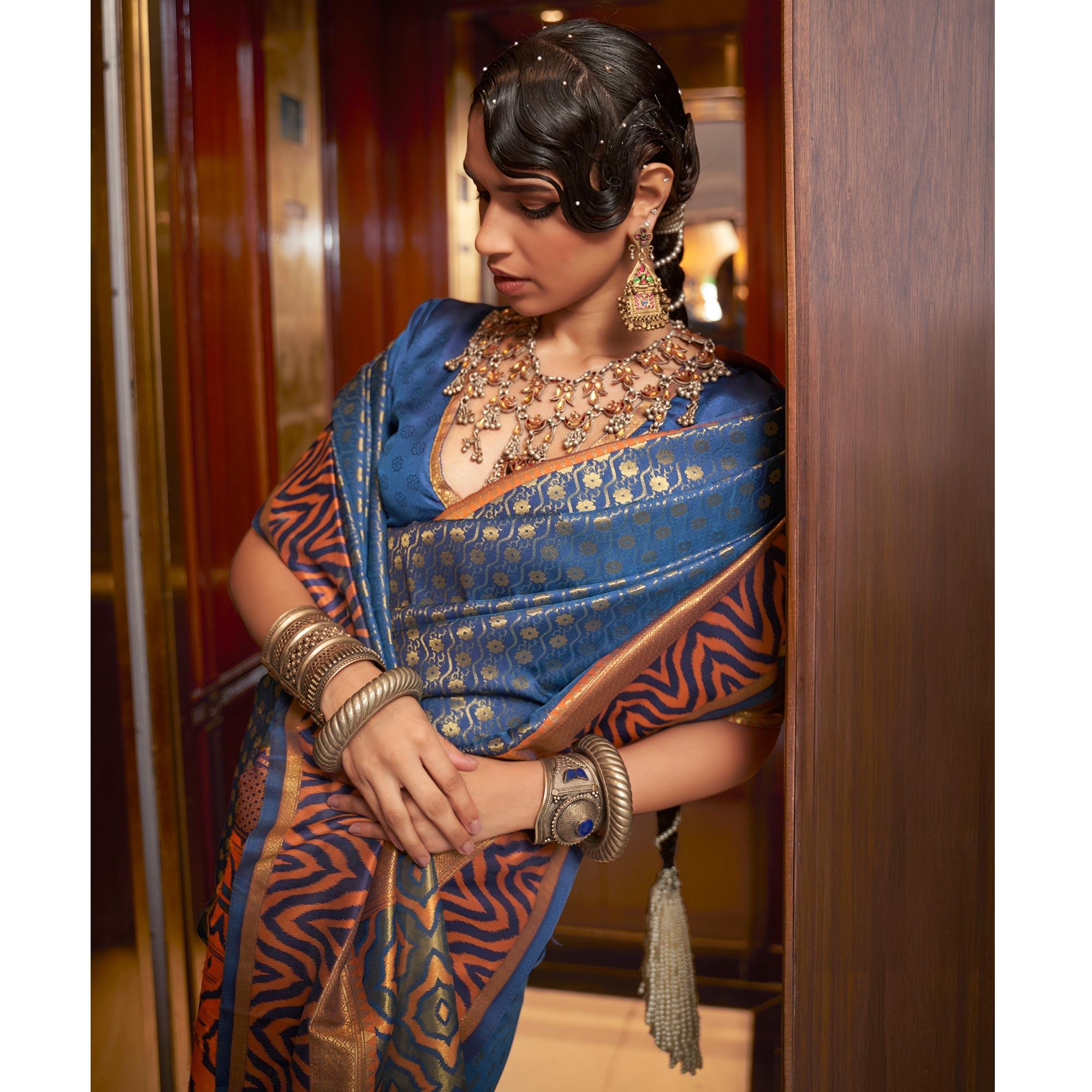 Navy Blue Woven Art Silk Saree - Peachmode