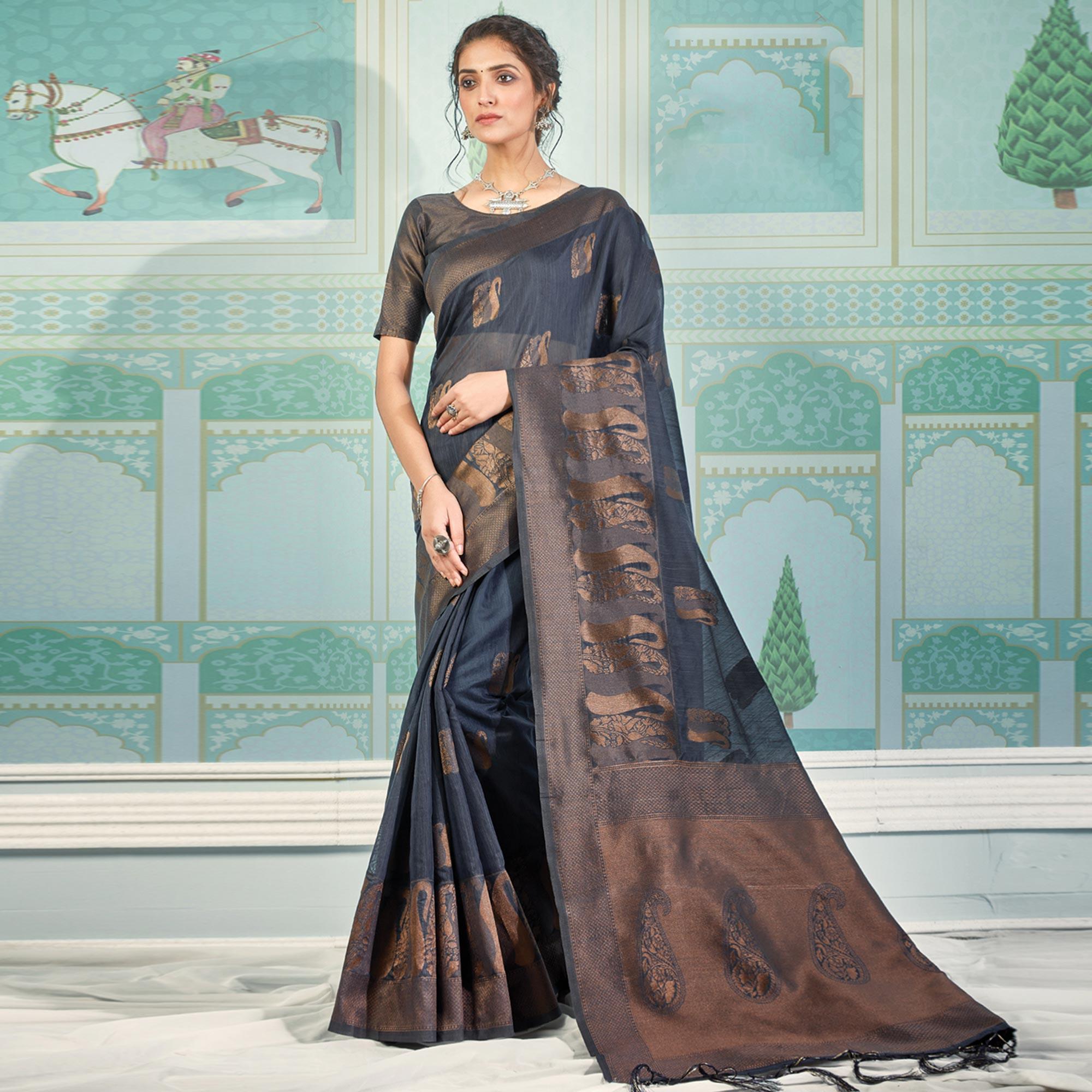 Navy Blue Woven Art Silk Saree With Tassels - Peachmode