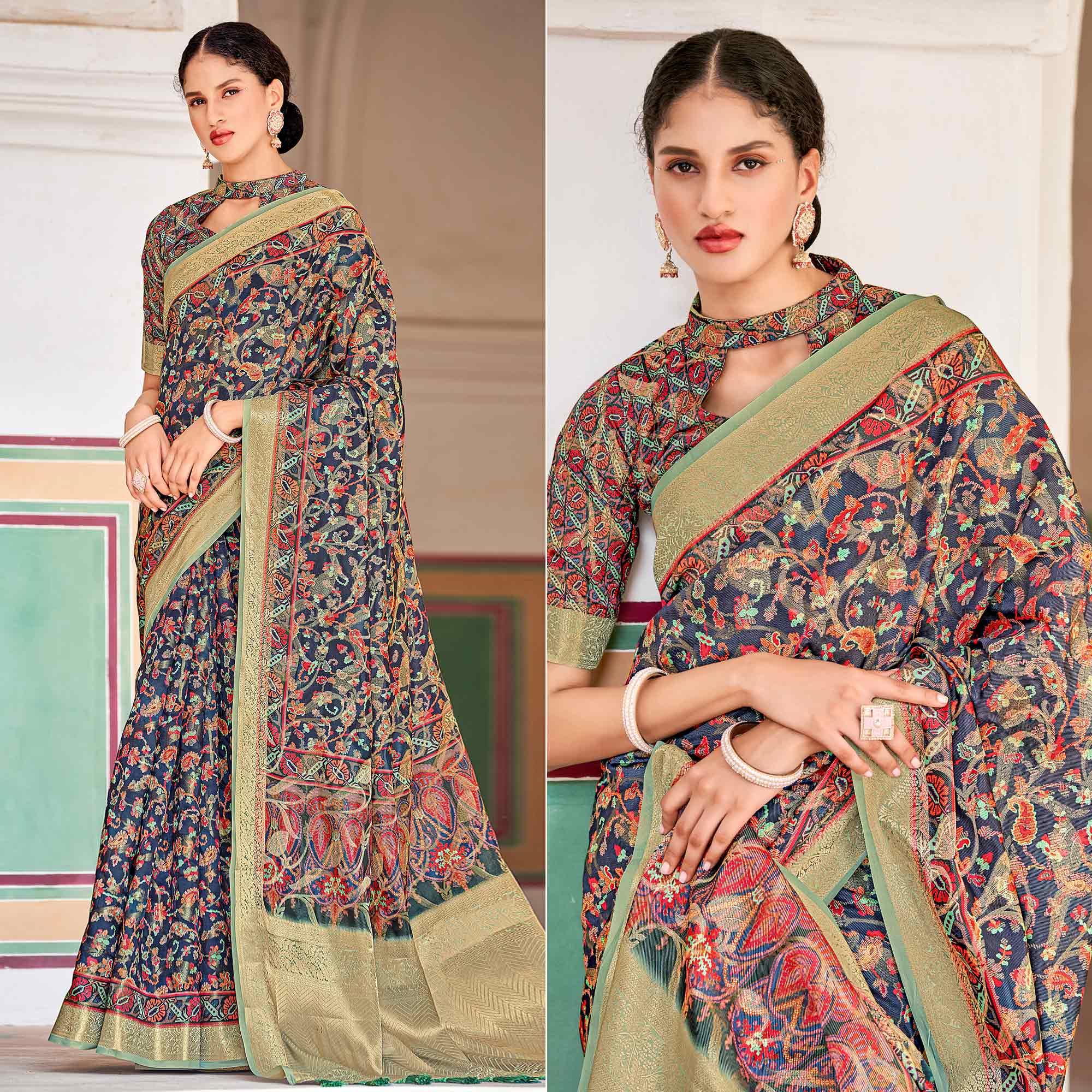 Navy Blue Woven Art Silk Saree With Tassels - Peachmode