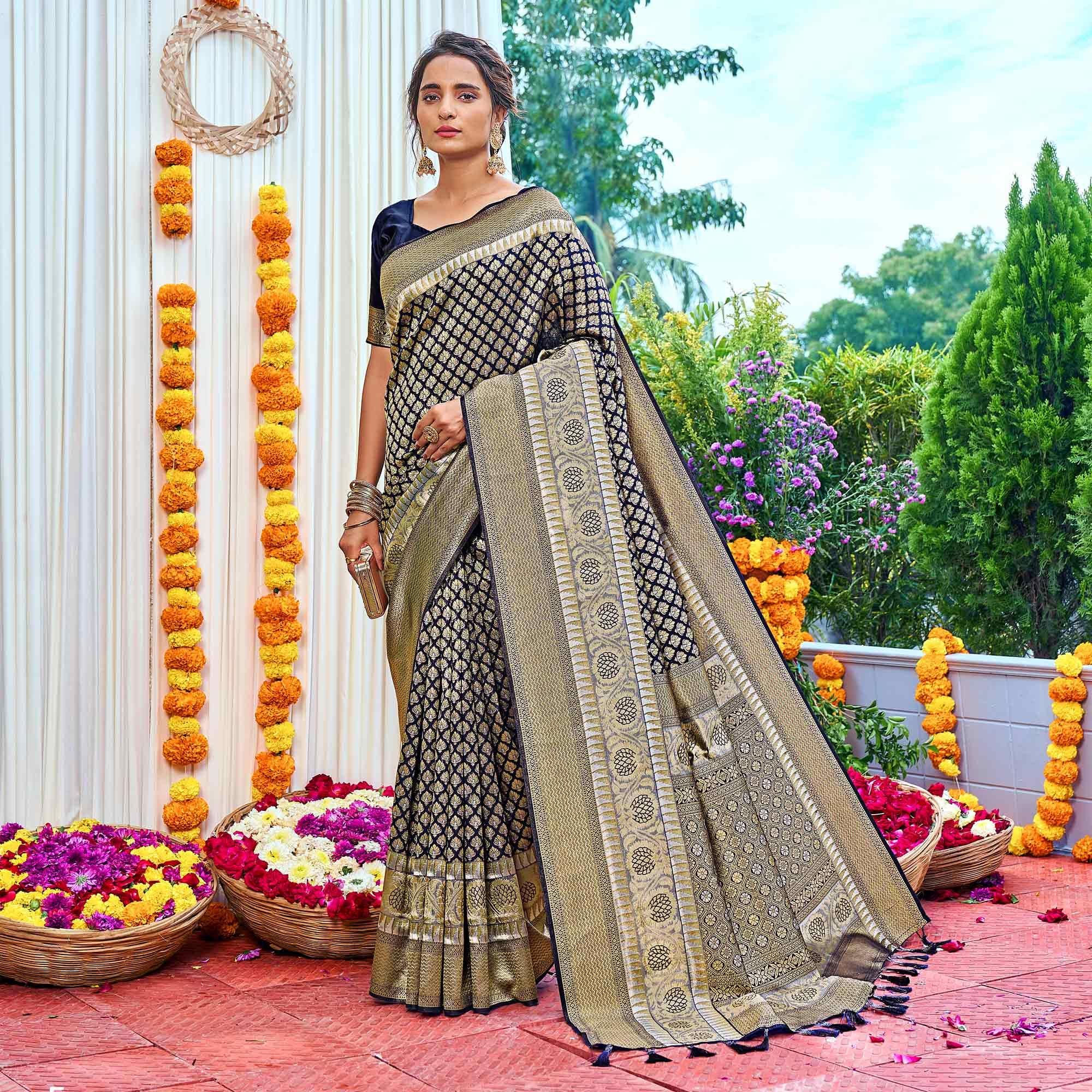 Navy Blue Woven Art Silk Saree With Tassels - Peachmode