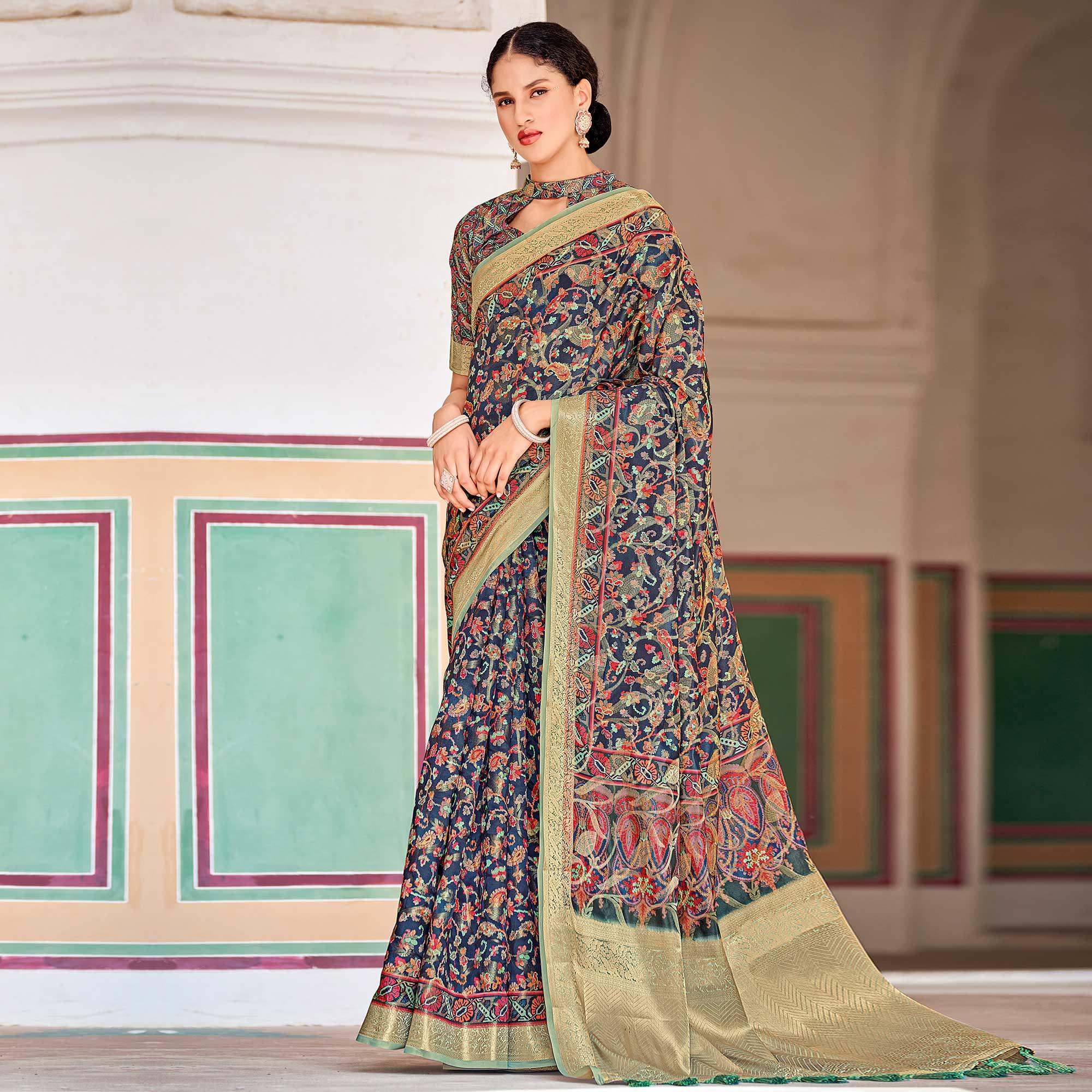Navy Blue Woven Art Silk Saree With Tassels - Peachmode