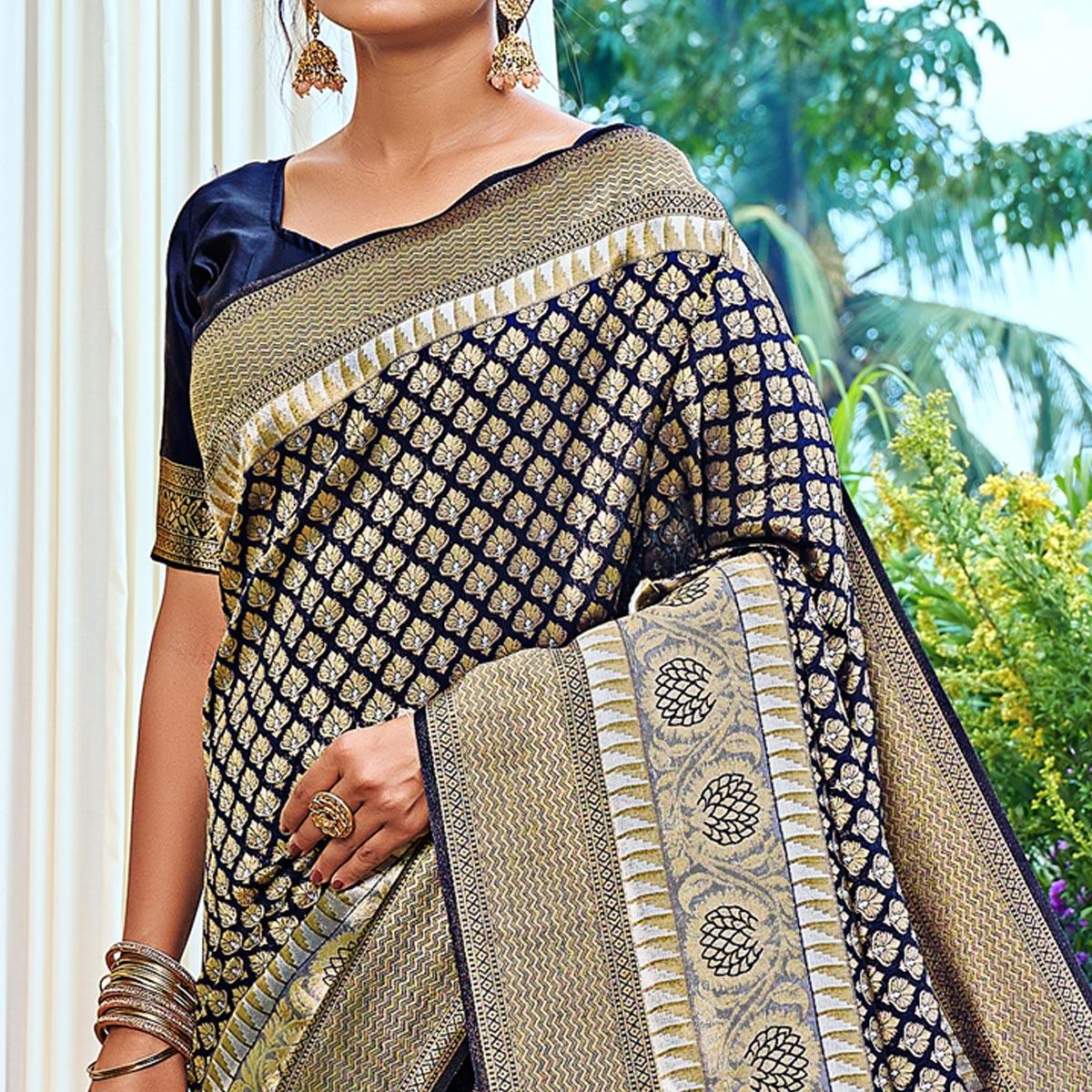 Navy Blue Woven Art Silk Saree With Tassels - Peachmode