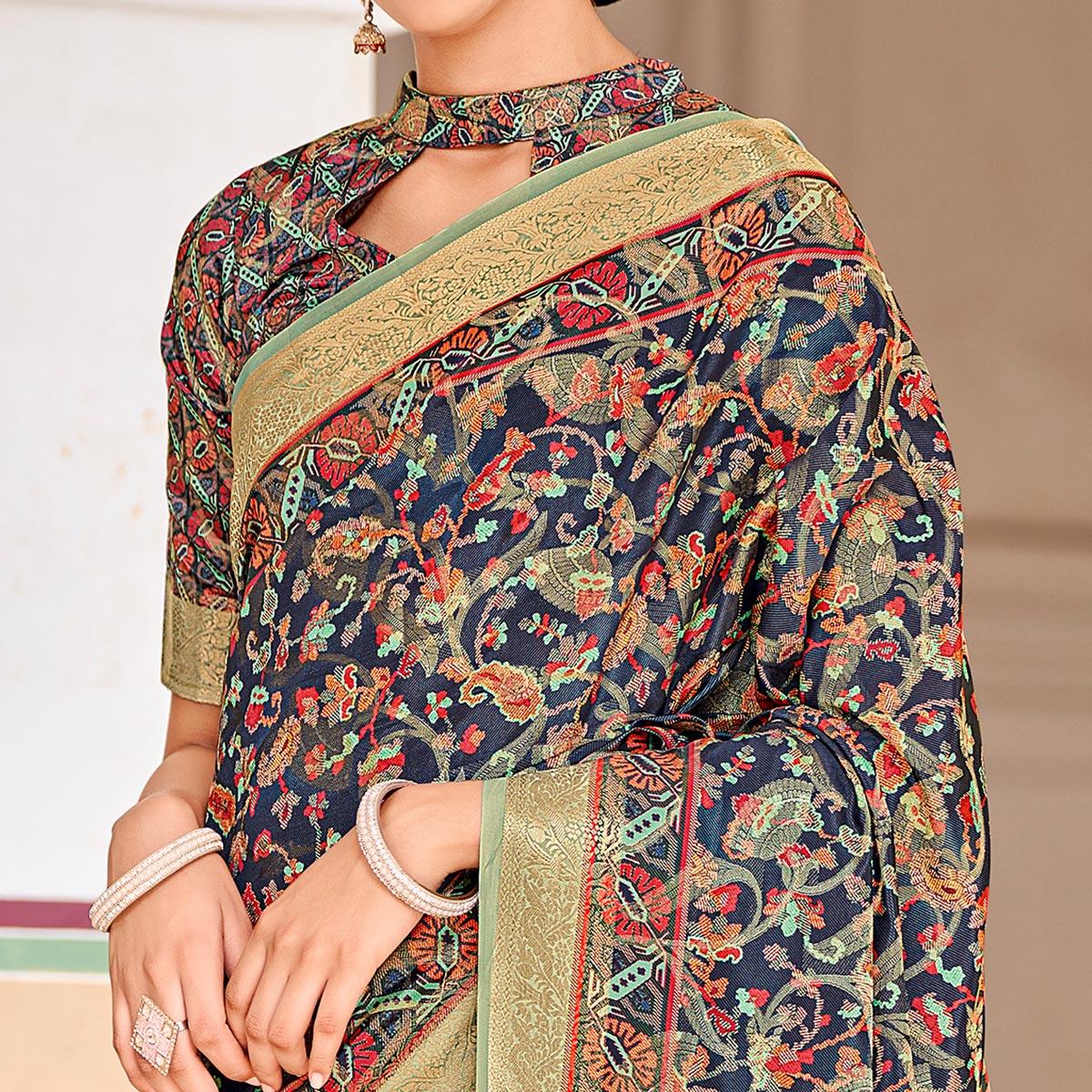 Navy Blue Woven Art Silk Saree With Tassels - Peachmode