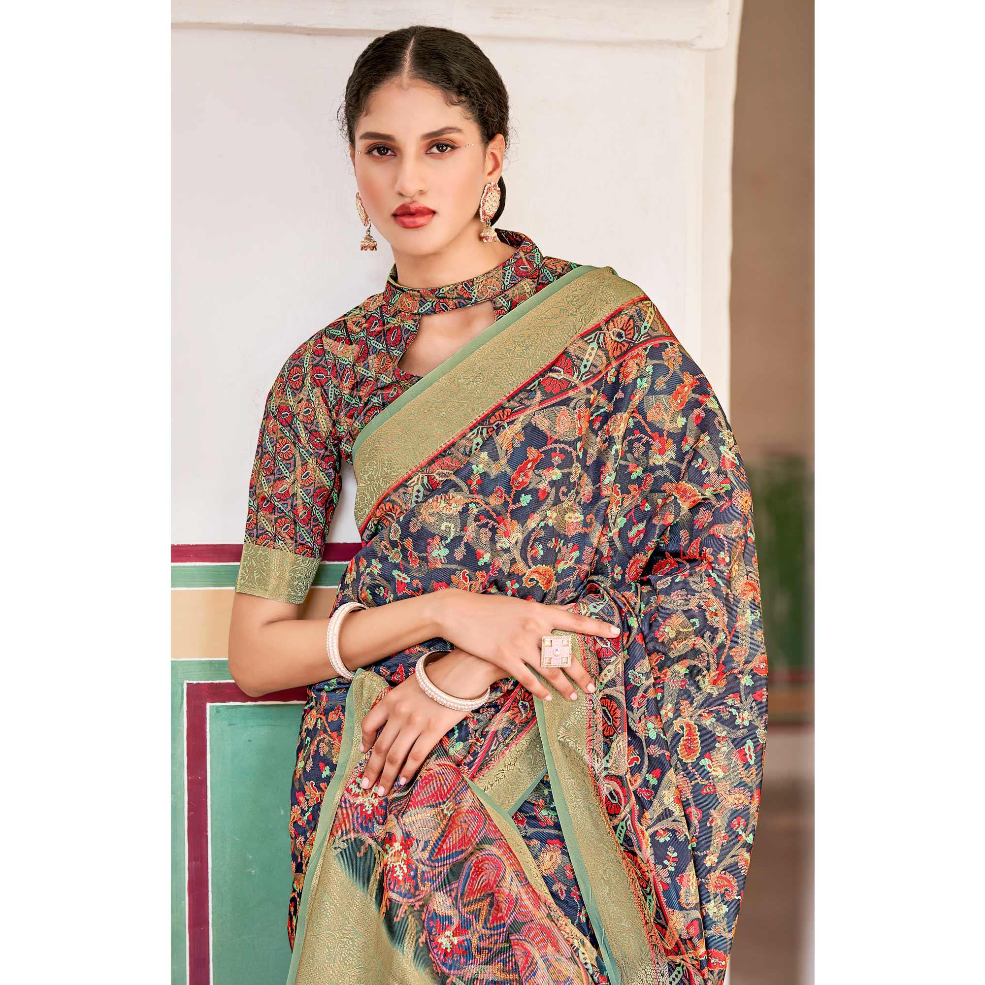 Navy Blue Woven Art Silk Saree With Tassels - Peachmode