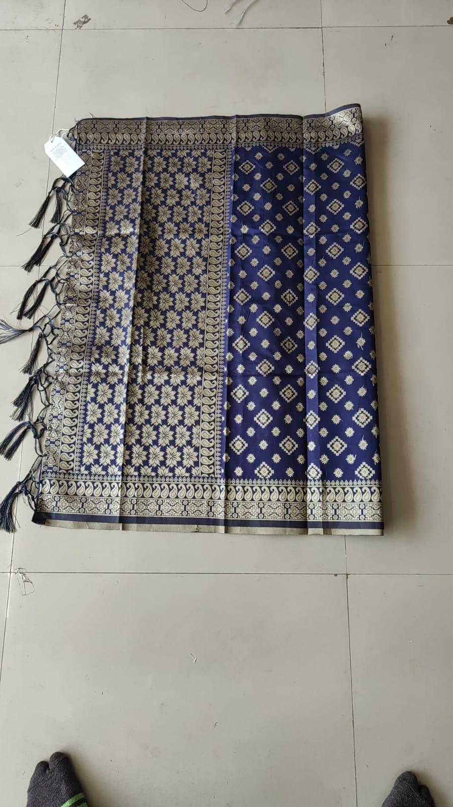 Navy Blue Woven Banarasi Silk Dupatta - Peachmode