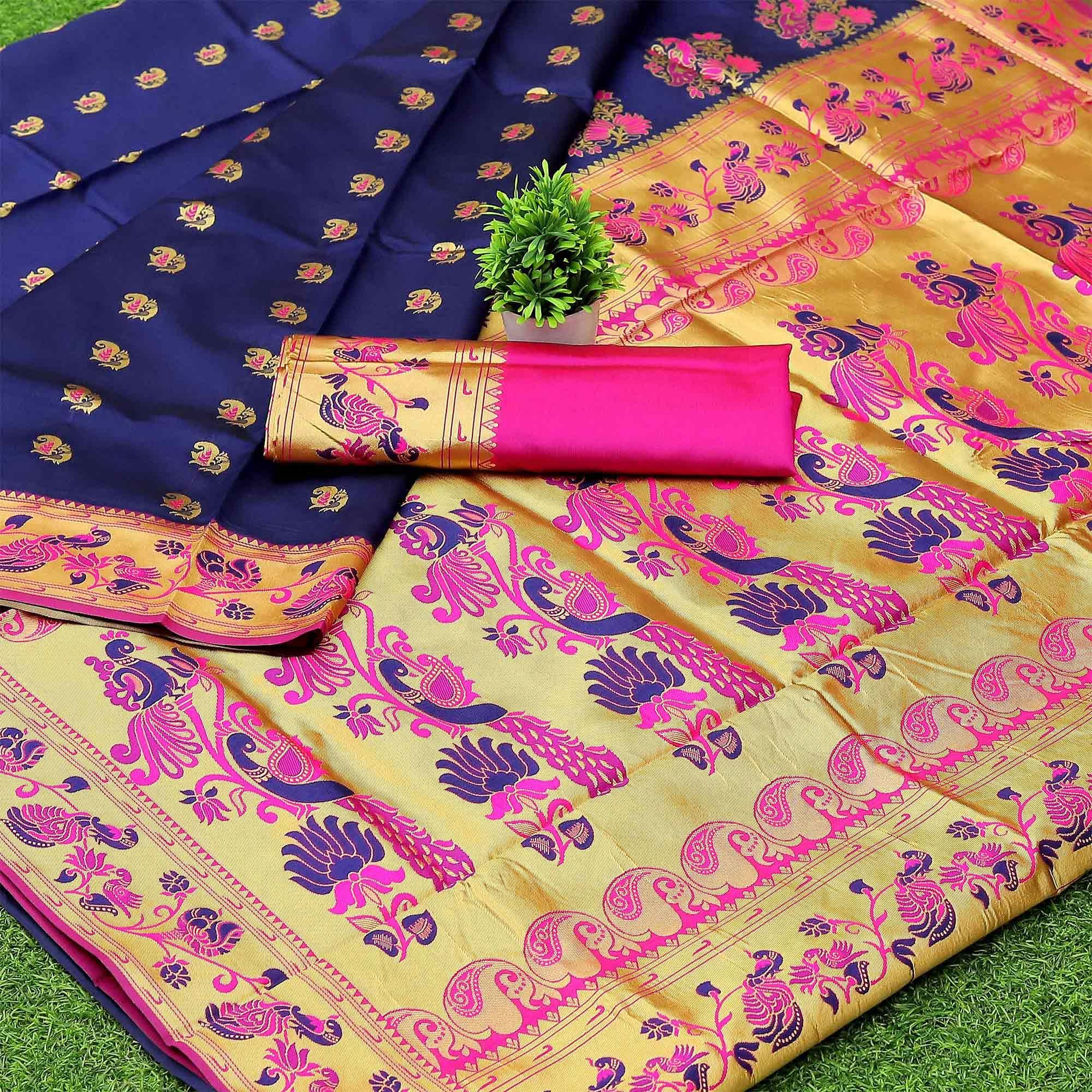 Navy Blue Woven Banarasi Silk Paithani Saree - Peachmode
