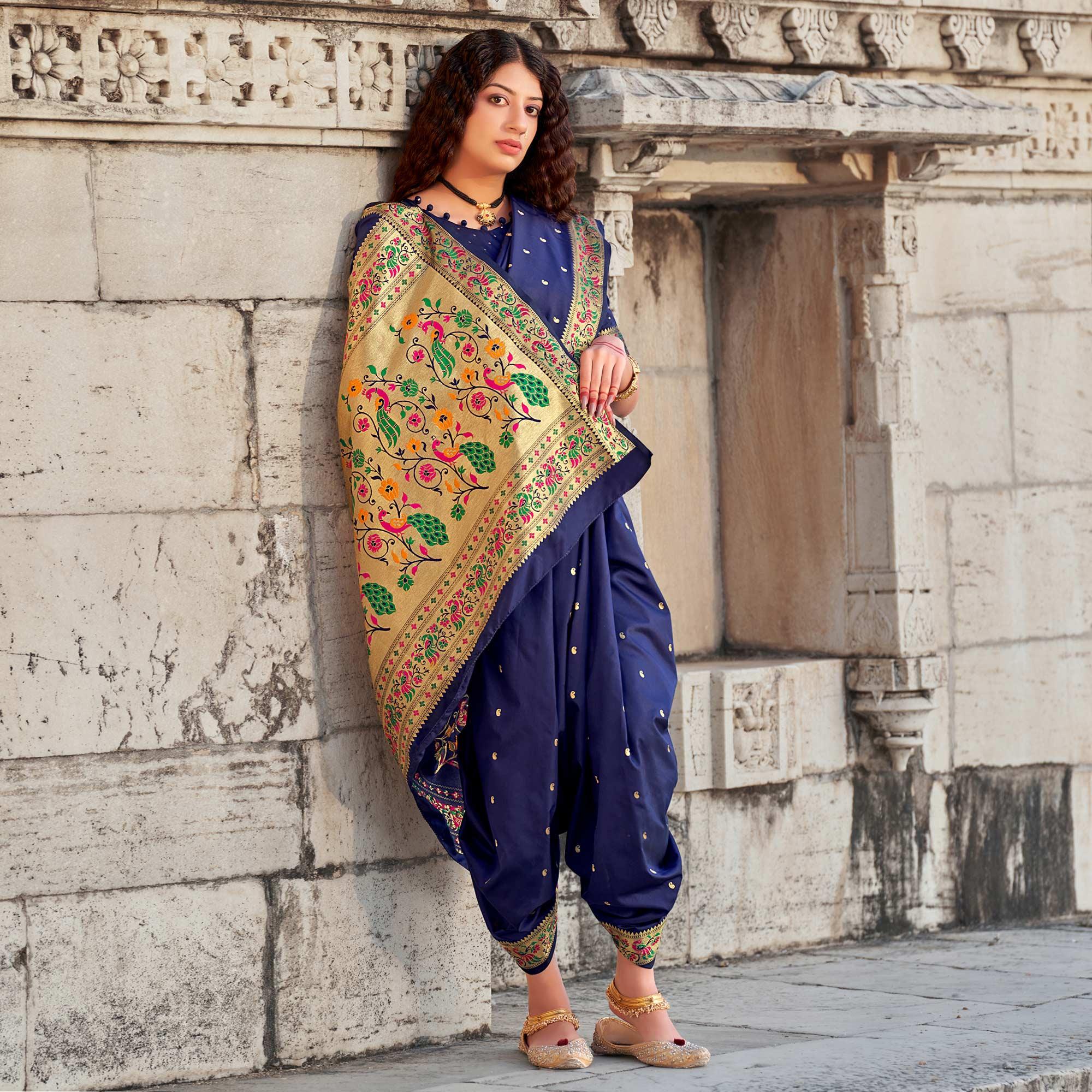 Navy Blue Woven Banarasi Silk Paithani Saree - Peachmode