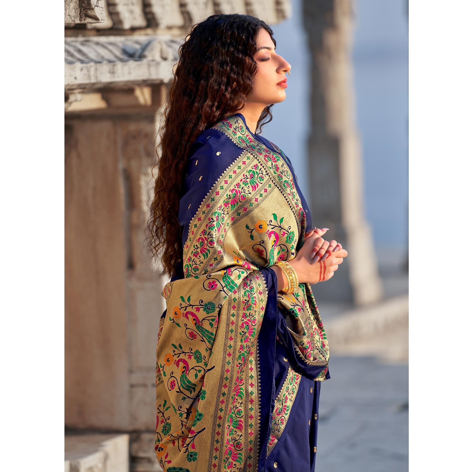 Navy Blue Woven Banarasi Silk Paithani Saree - Peachmode