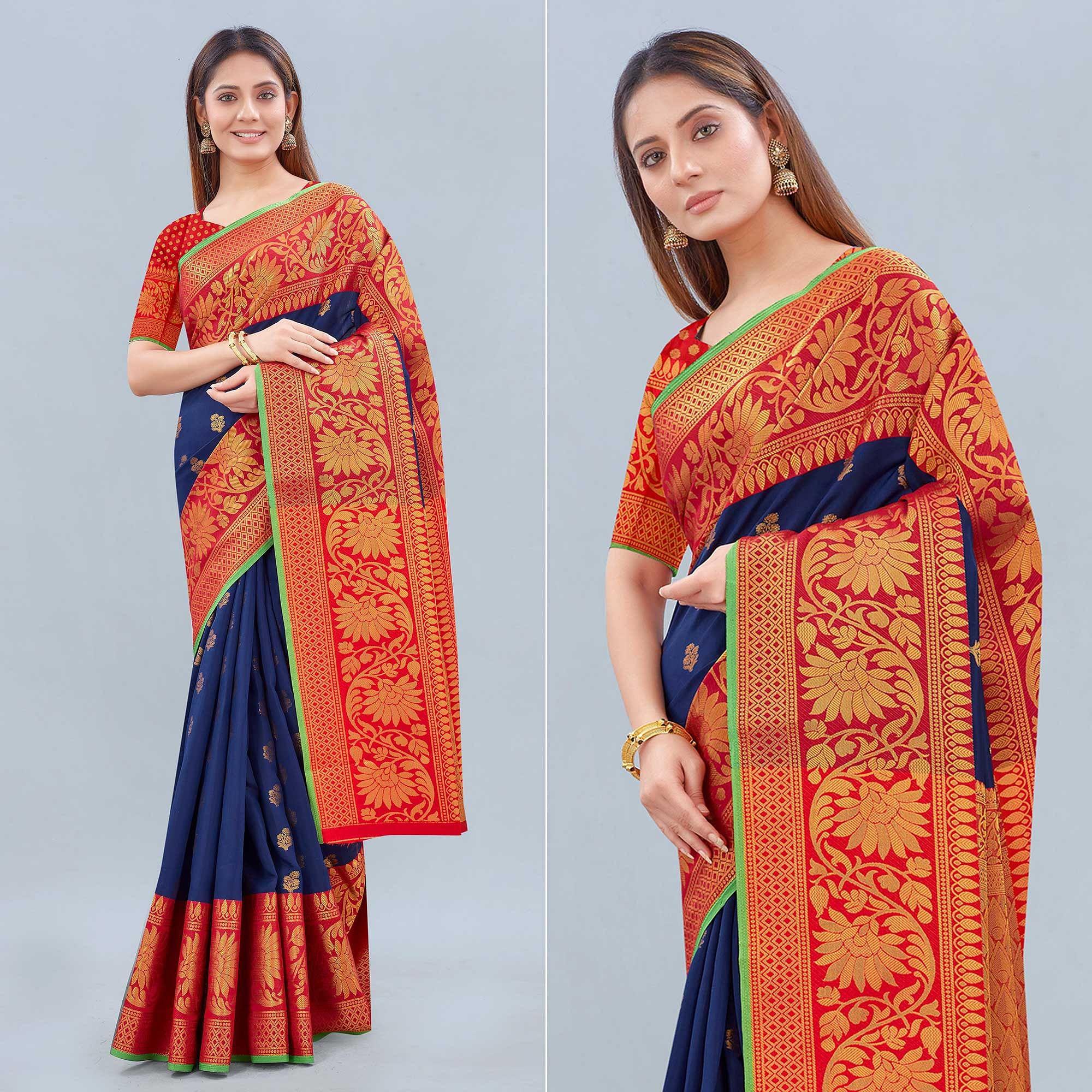 Navy Blue Woven Banarasi Silk Saree - Peachmode