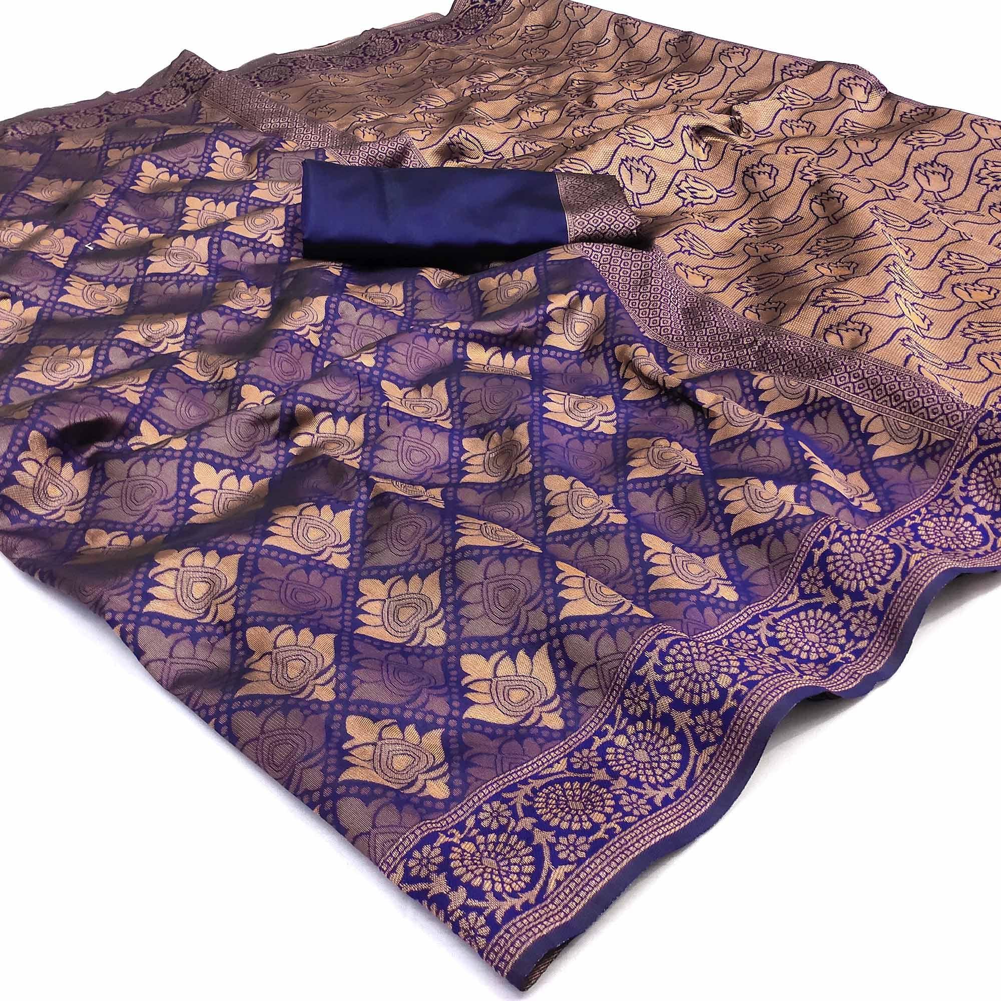 Navy Blue Woven Banarasi Silk Saree - Peachmode