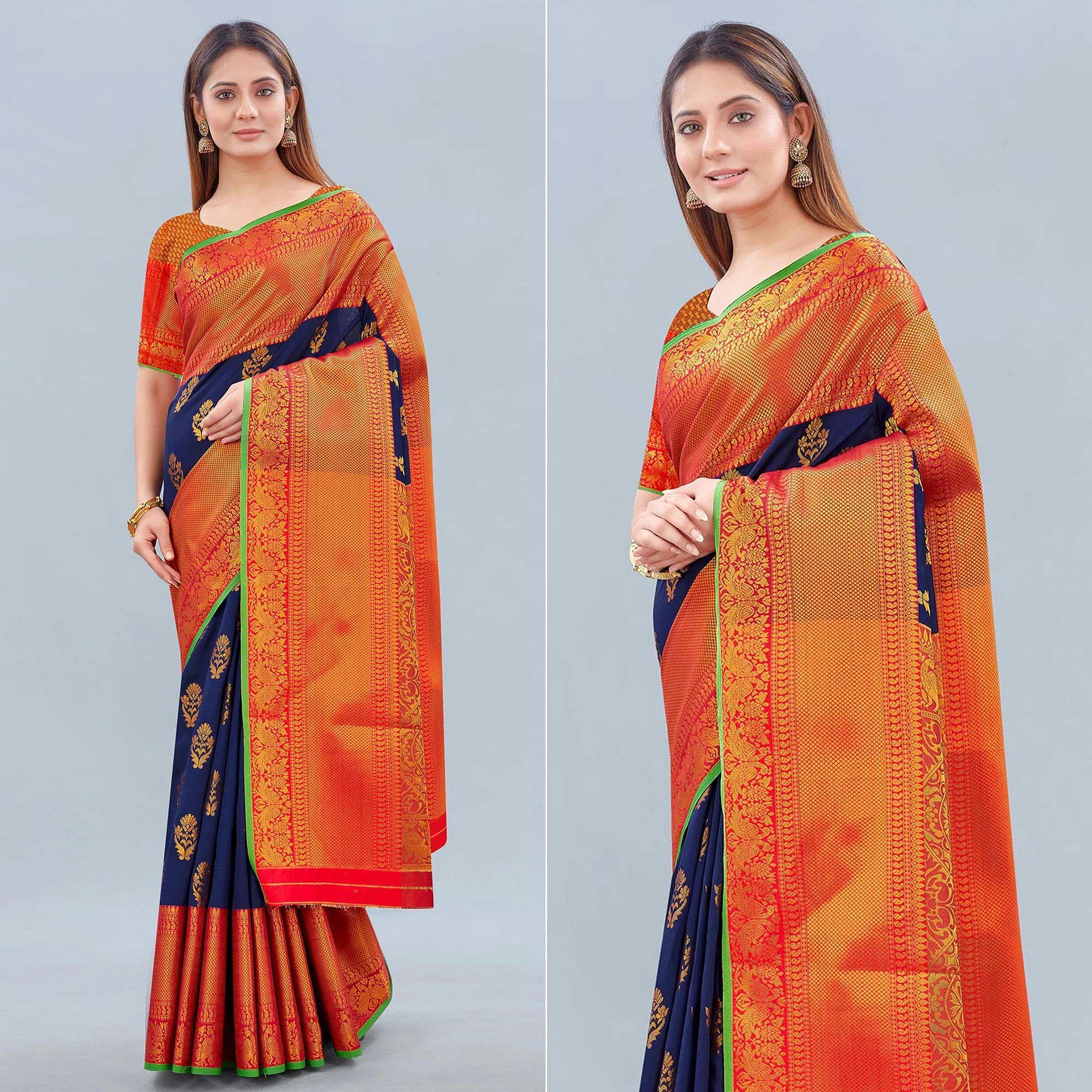 Navy Blue Woven Banarasi Silk Saree - Peachmode