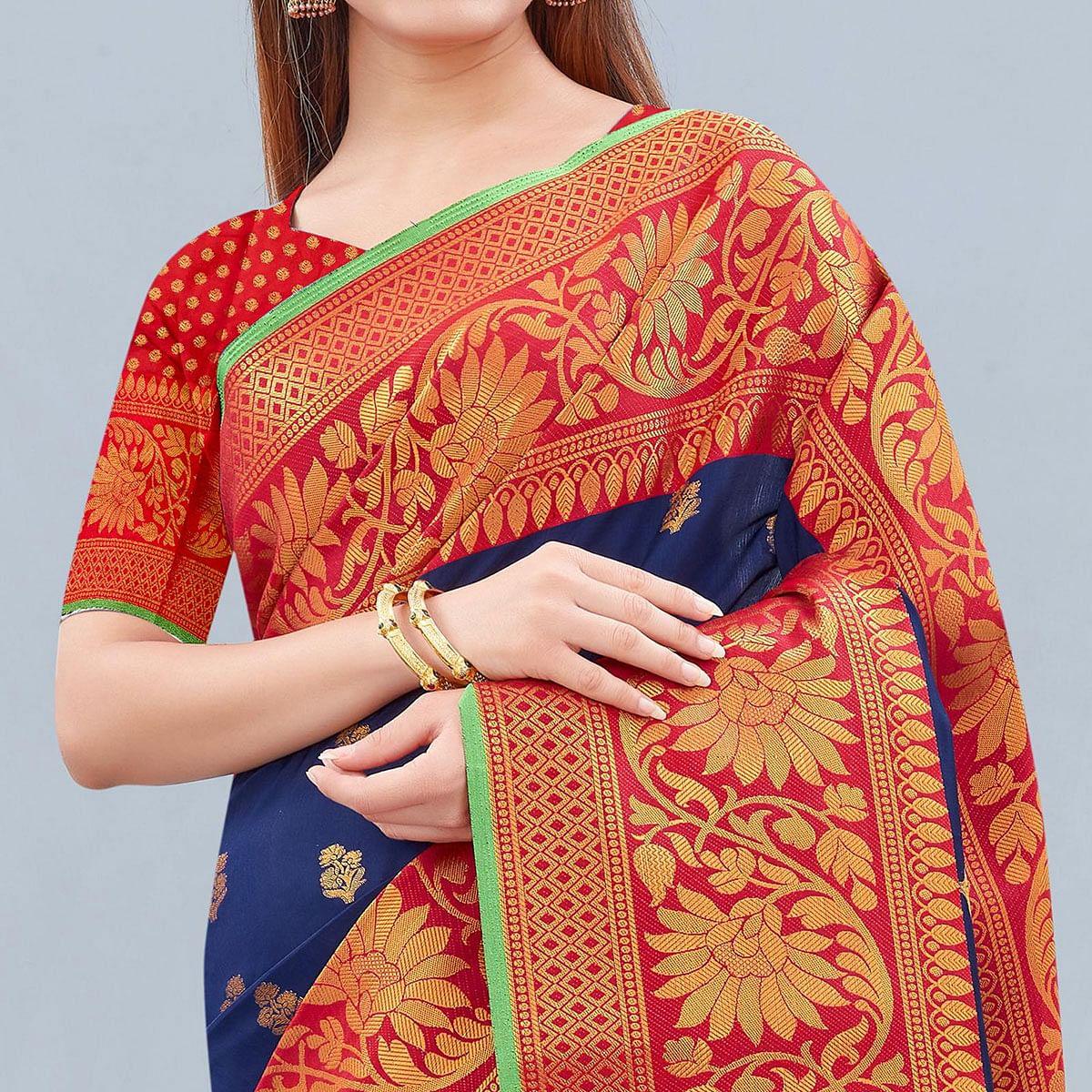 Navy Blue Woven Banarasi Silk Saree - Peachmode