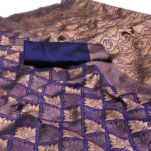 Navy Blue Woven Banarasi Silk Saree - Peachmode