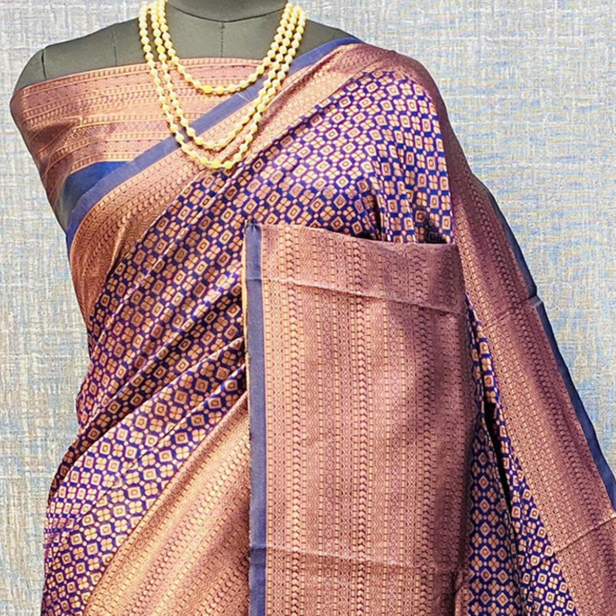 Navy Blue Woven Banarasi Silk Saree - Peachmode