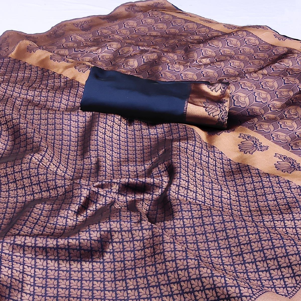 Navy Blue Woven Banarasi Silk Saree - Peachmode