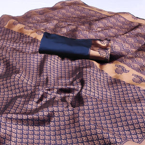 Navy Blue Woven Banarasi Silk Saree - Peachmode