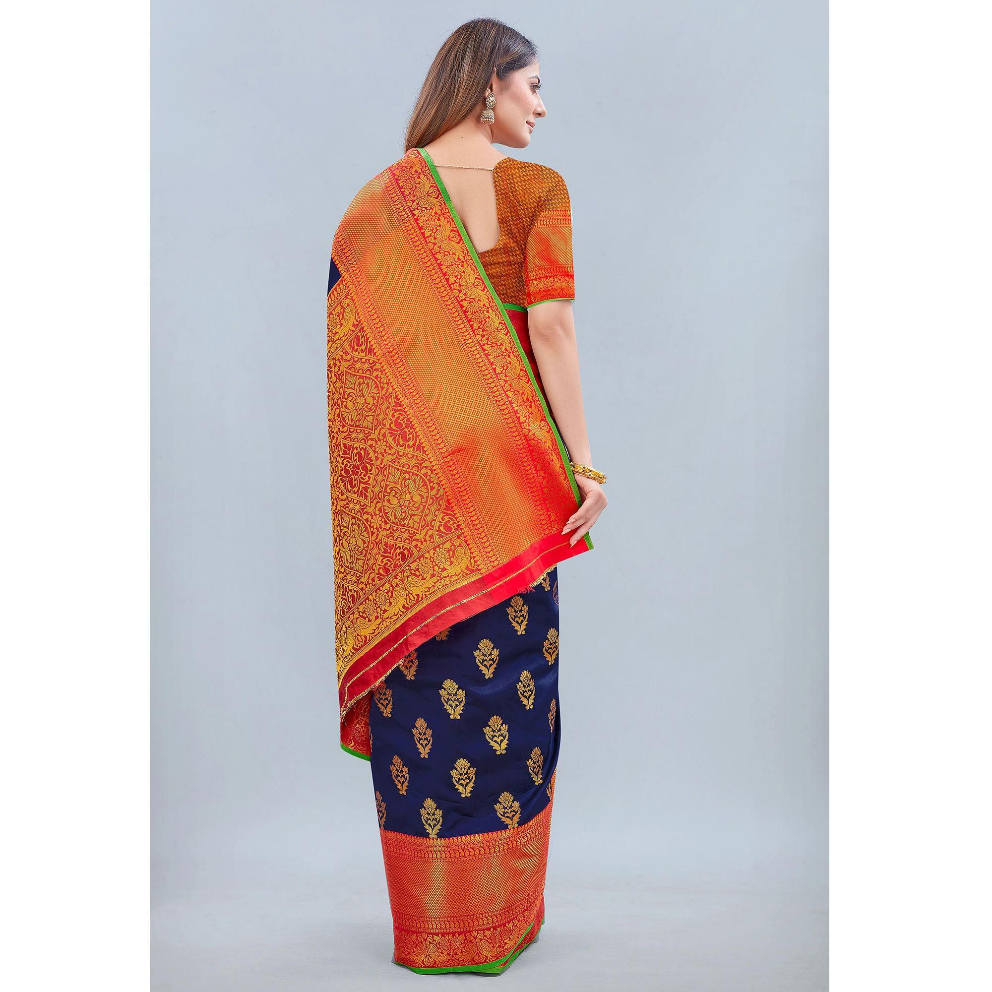 Navy Blue Woven Banarasi Silk Saree - Peachmode