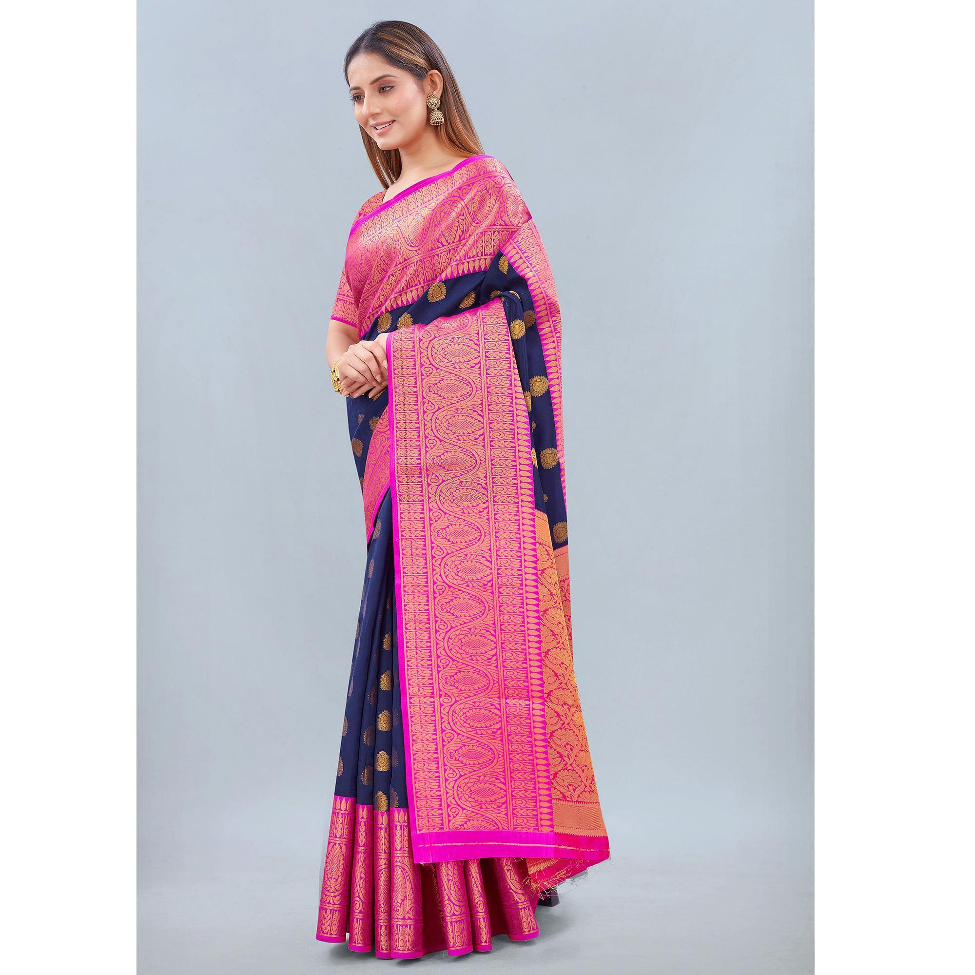 Navy Blue Woven Banarasi Silk Saree - Peachmode