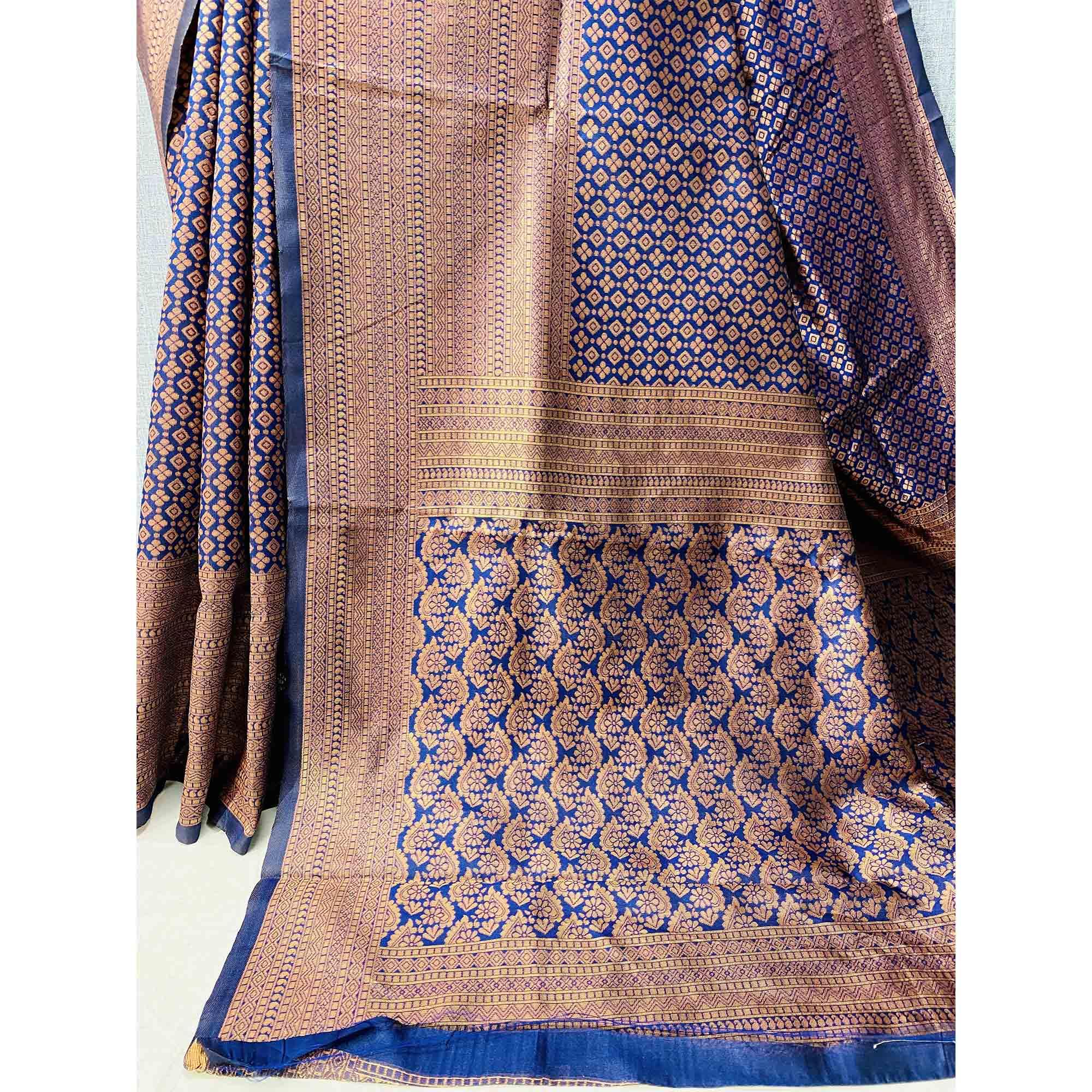 Navy Blue Woven Banarasi Silk Saree - Peachmode