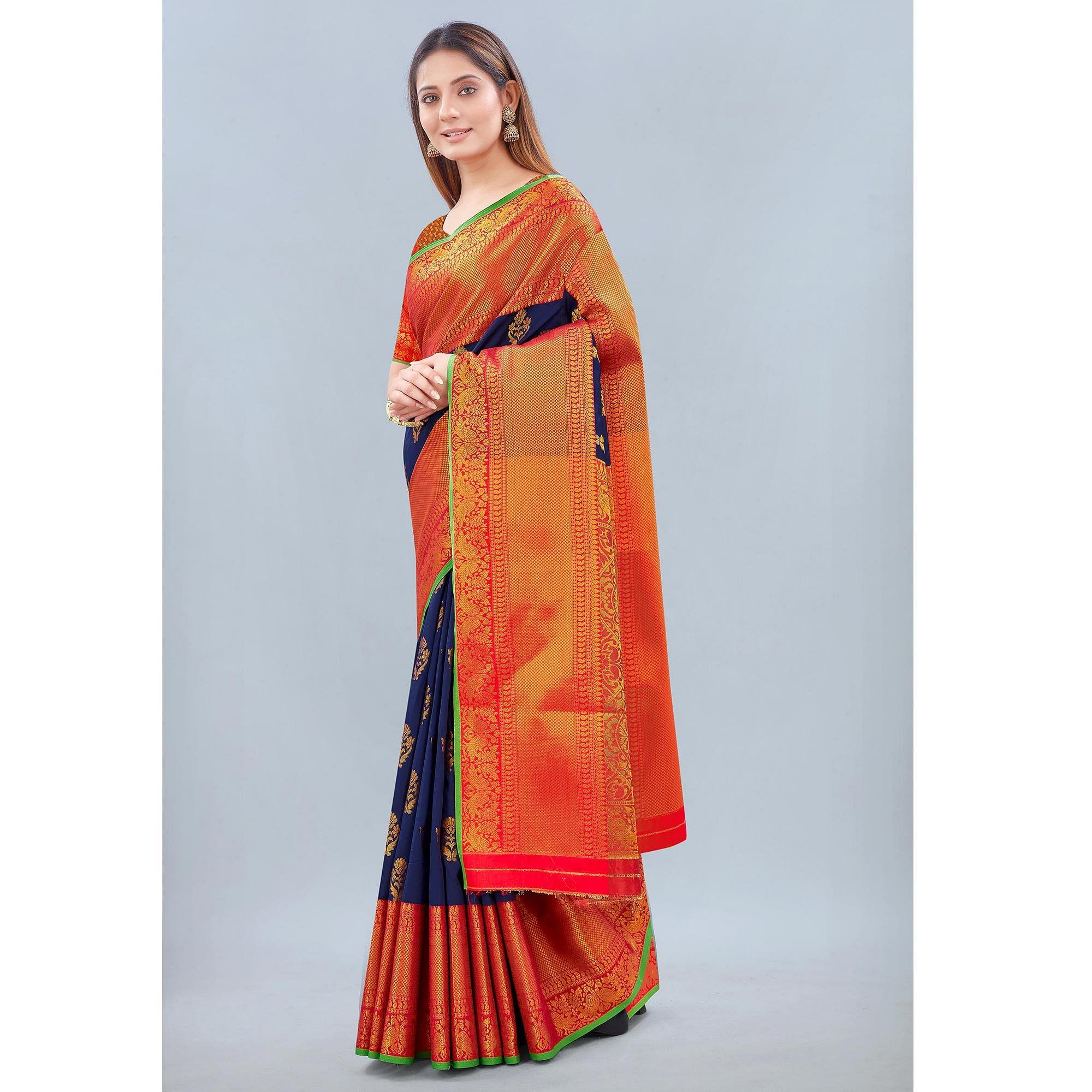 Navy Blue Woven Banarasi Silk Saree - Peachmode