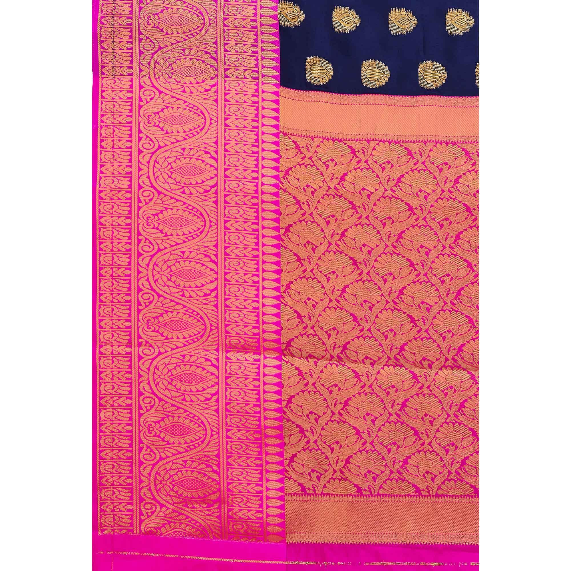 Navy Blue Woven Banarasi Silk Saree - Peachmode