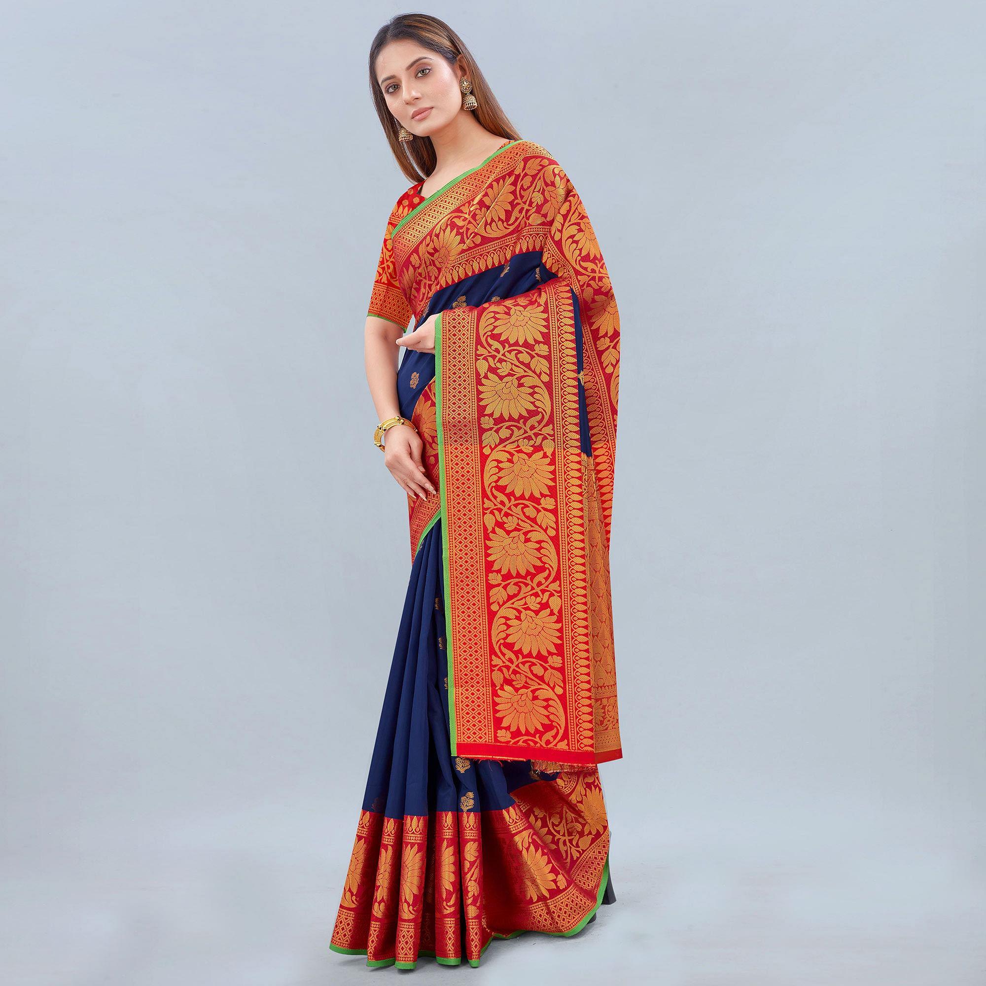 Navy Blue Woven Banarasi Silk Saree - Peachmode