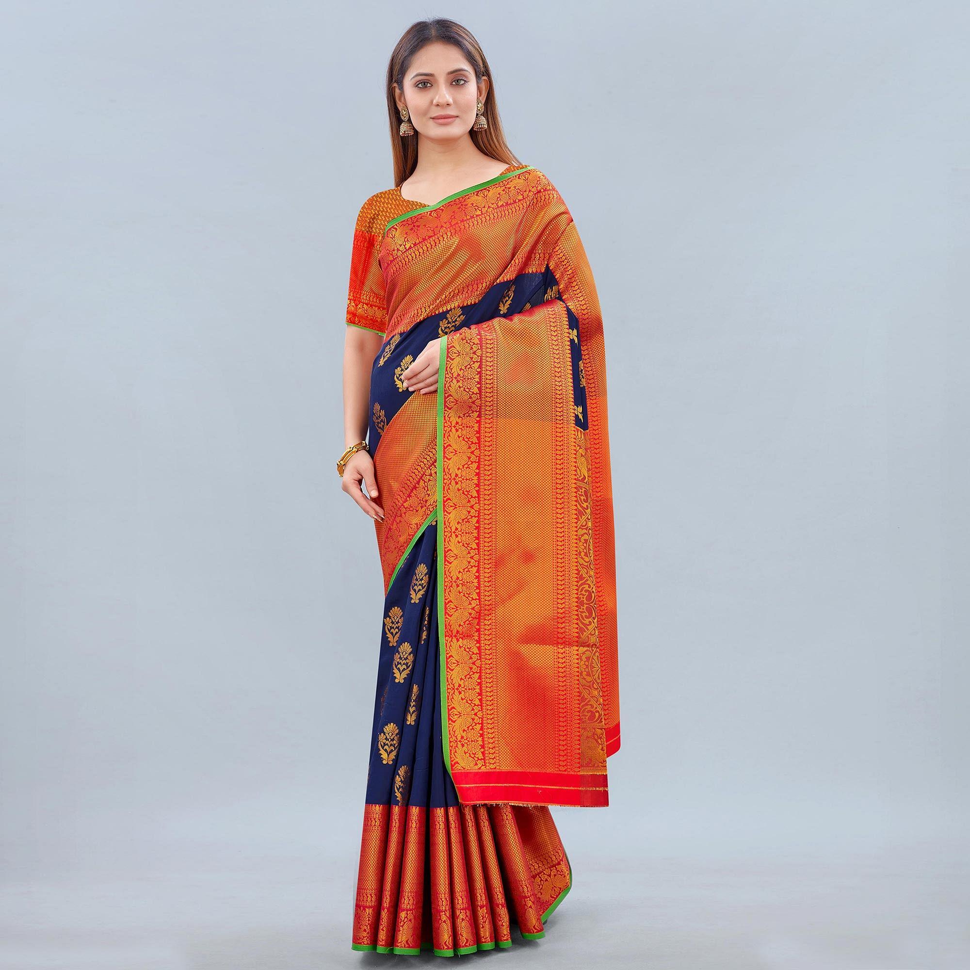 Navy Blue Woven Banarasi Silk Saree - Peachmode