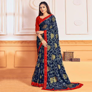 Navy Blue Woven Brasso Saree - Peachmode