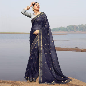 Navy Blue Woven Chiffon Saree - Peachmode