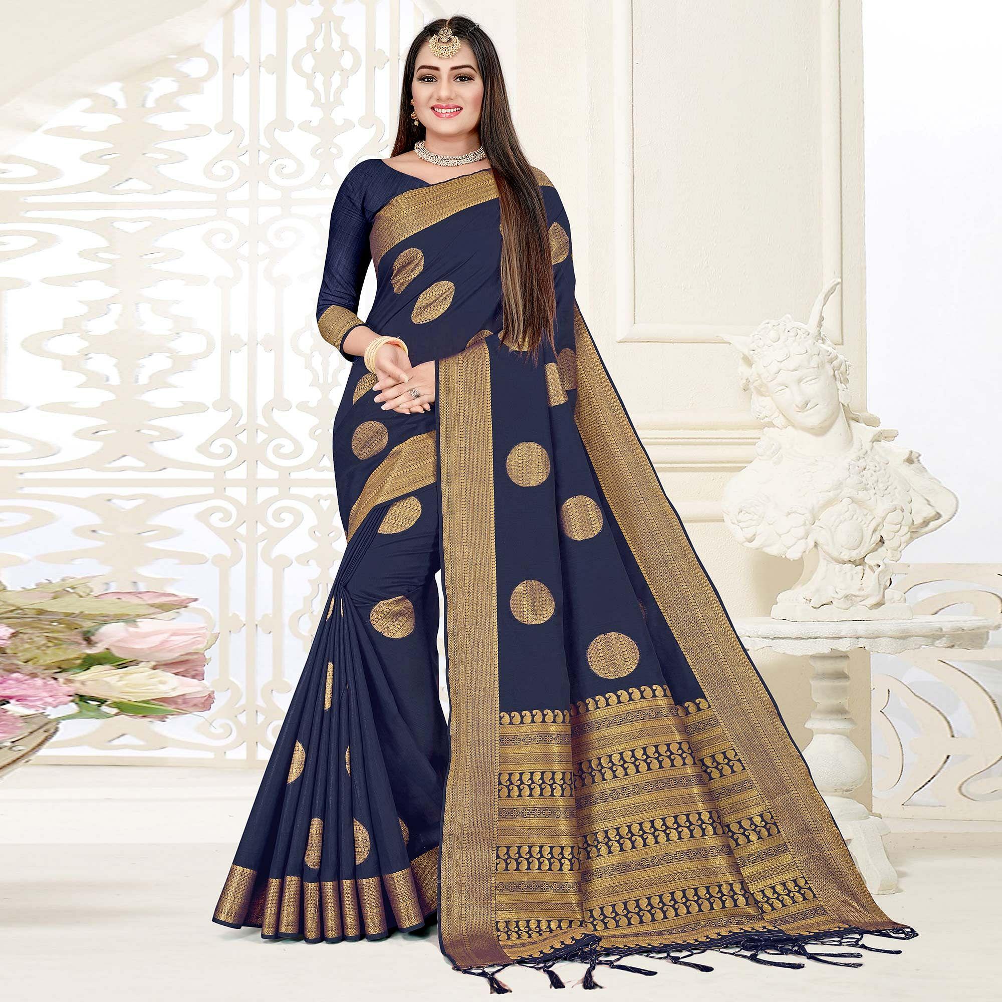 Navy Blue Woven Cotton Silk Saree - Peachmode