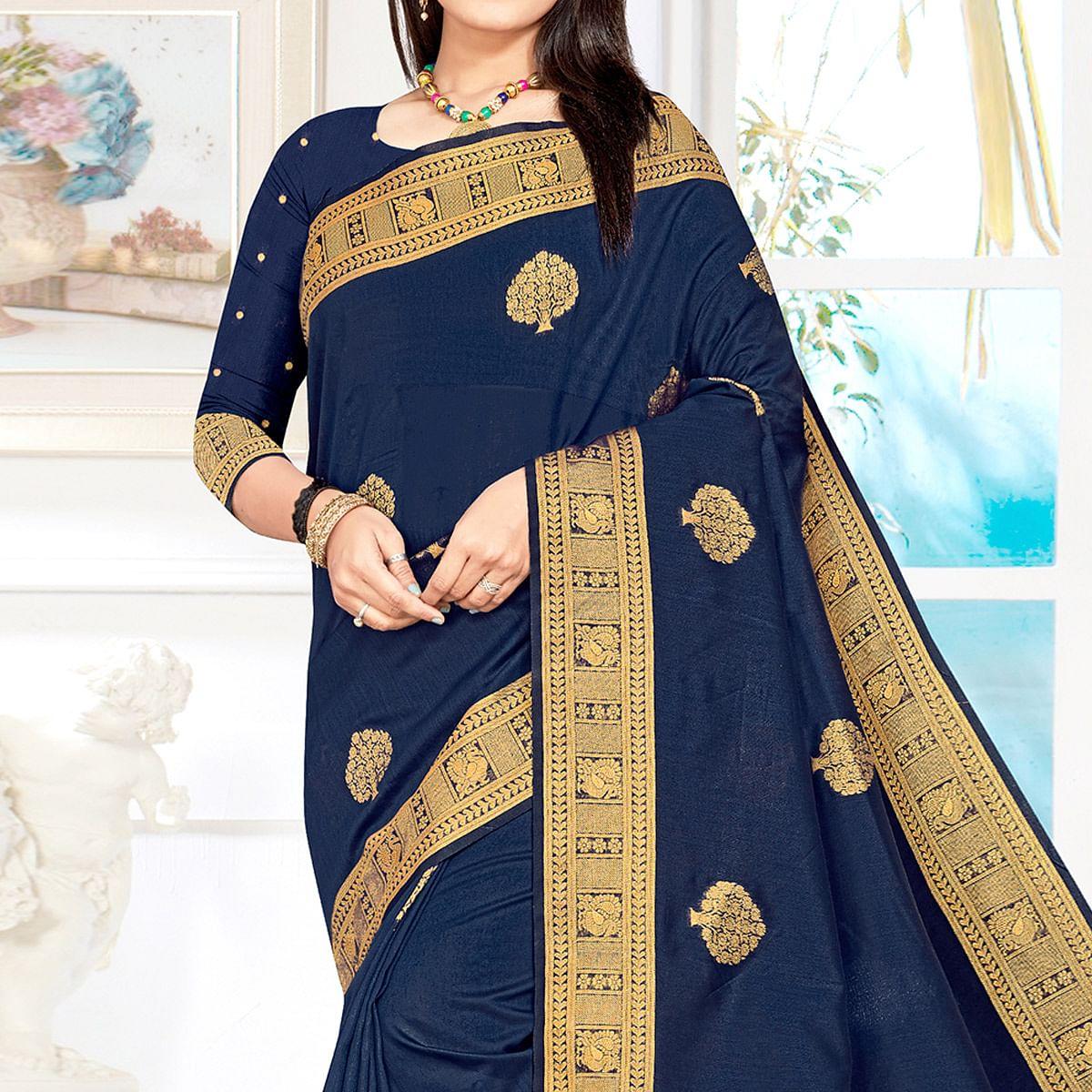 Navy Blue Woven Cotton Silk Saree - Peachmode