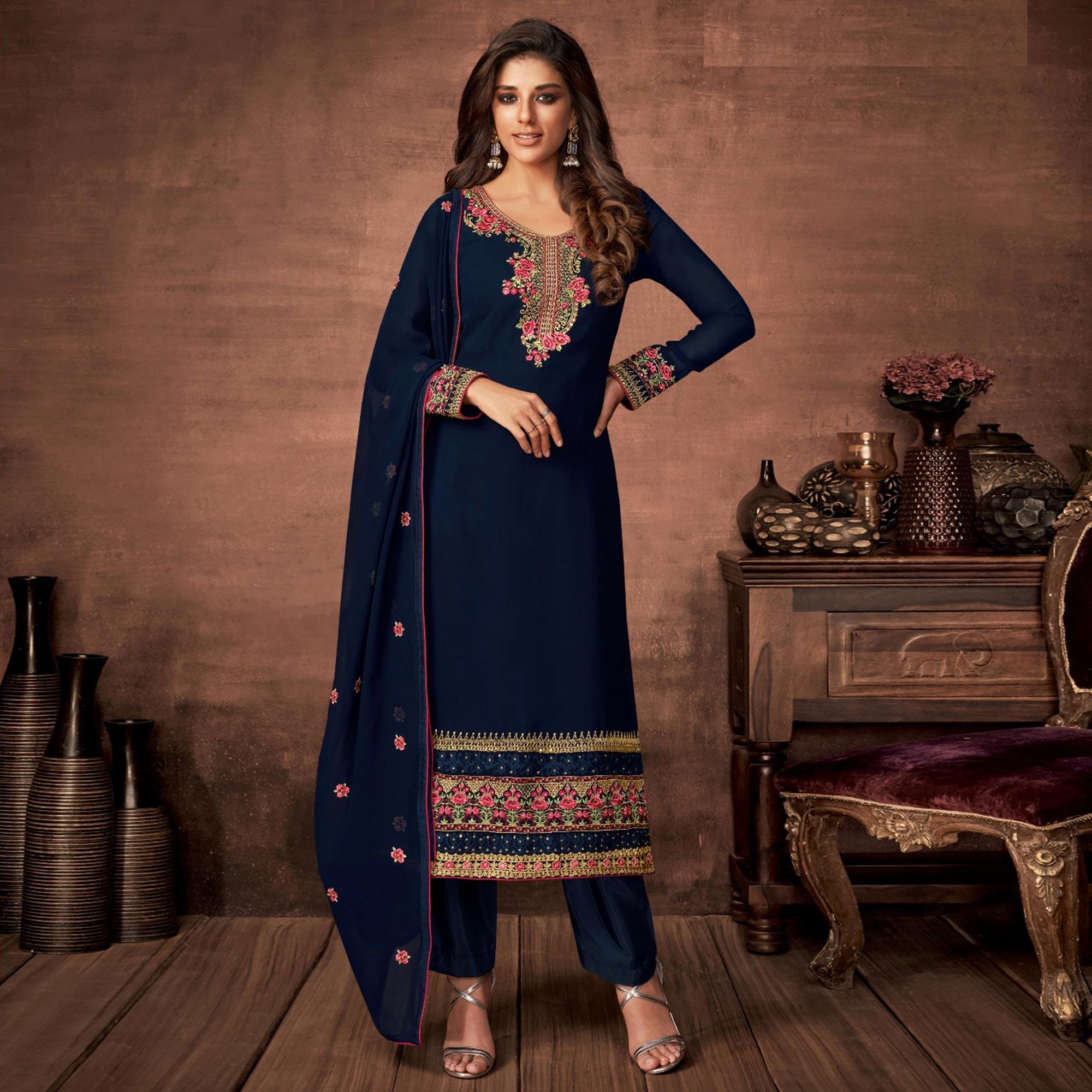 Navy Blue Woven Georgette Straight Partywear Suit - Peachmode