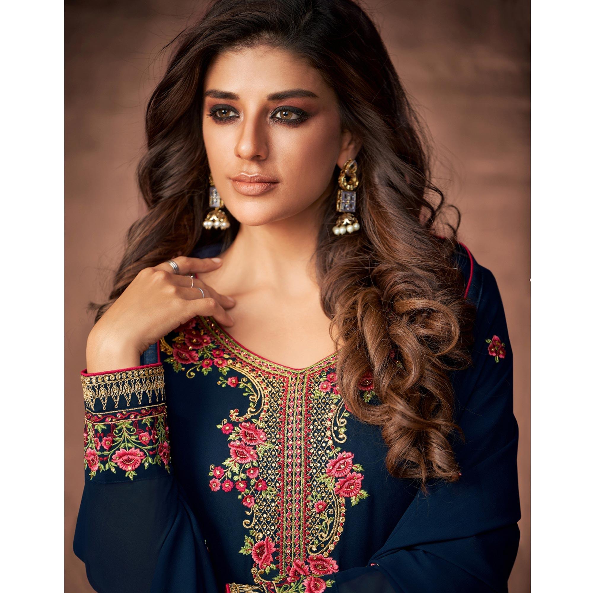 Navy Blue Woven Georgette Straight Partywear Suit - Peachmode