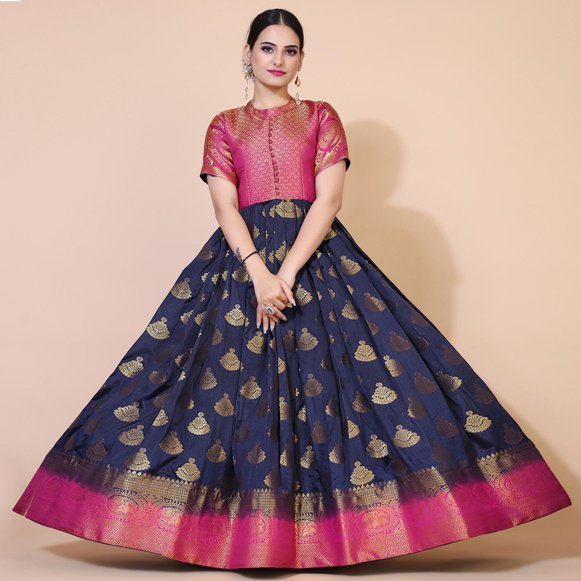 Navy Blue Woven Jacquard Anarkali Style Gown - Peachmode