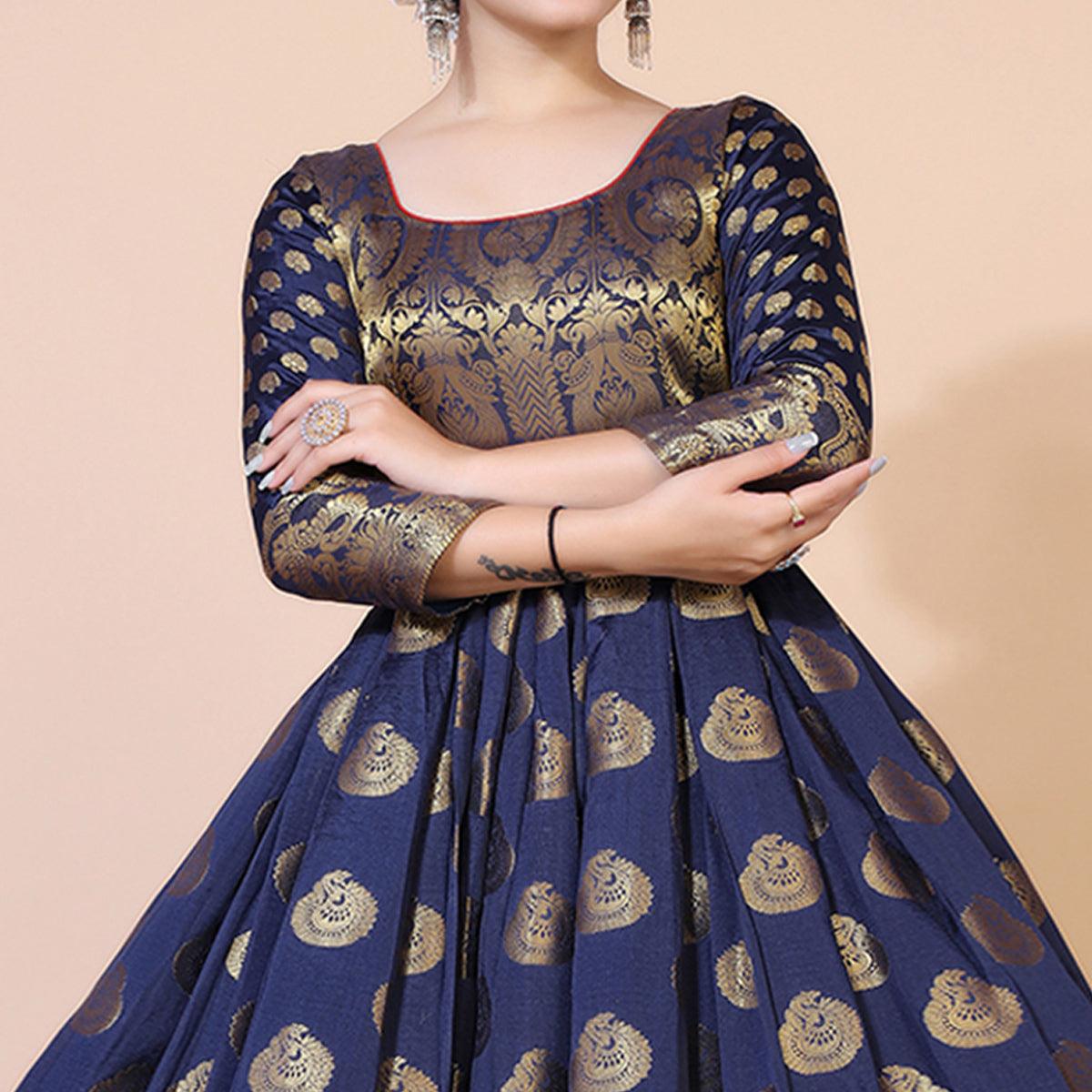 Navy Blue Woven Jacquard Anarkali Style Gown - Peachmode