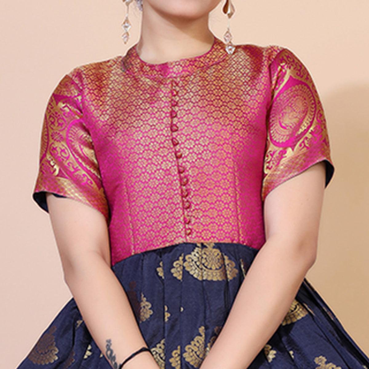 Navy Blue Woven Jacquard Anarkali Style Gown - Peachmode