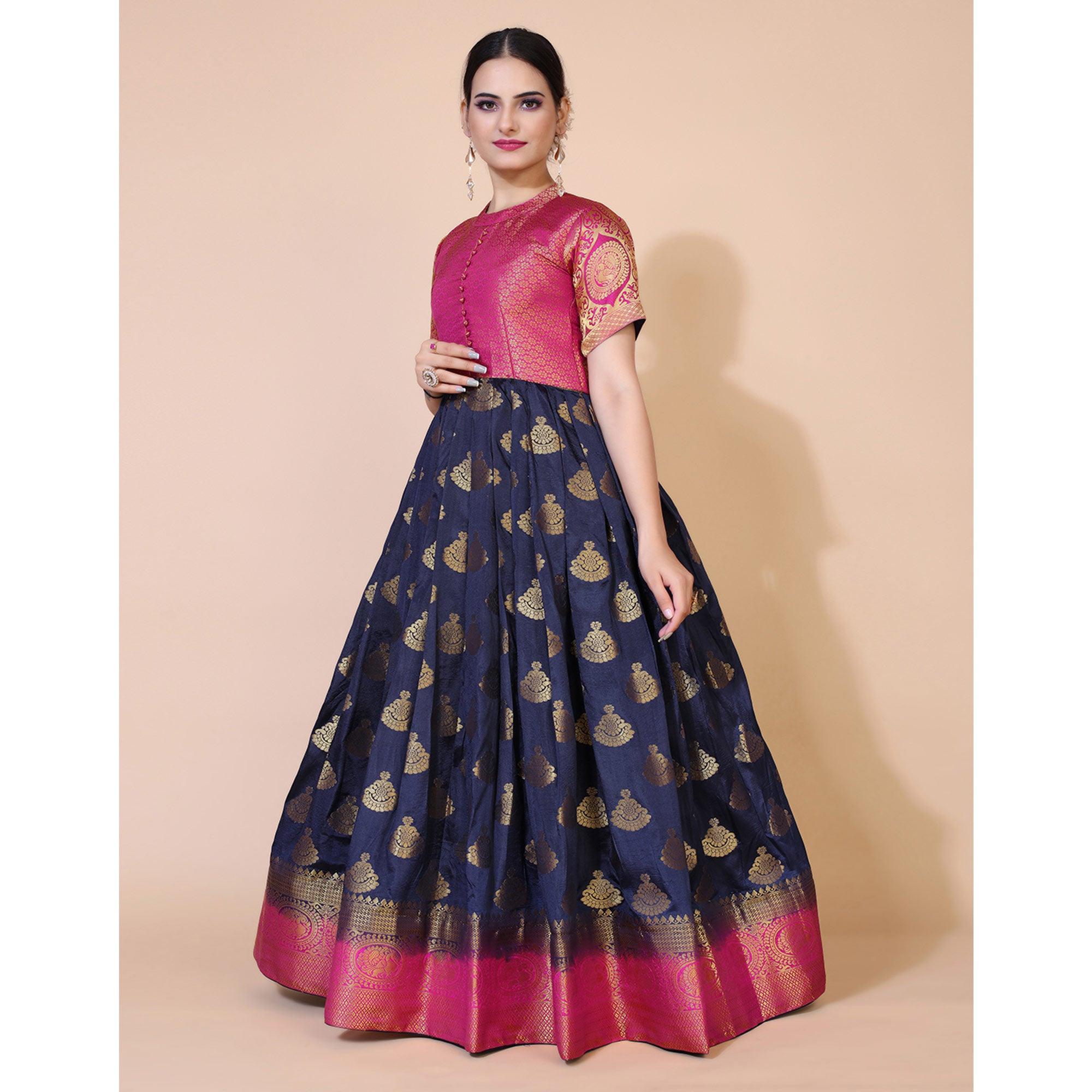 Navy Blue Woven Jacquard Anarkali Style Gown - Peachmode