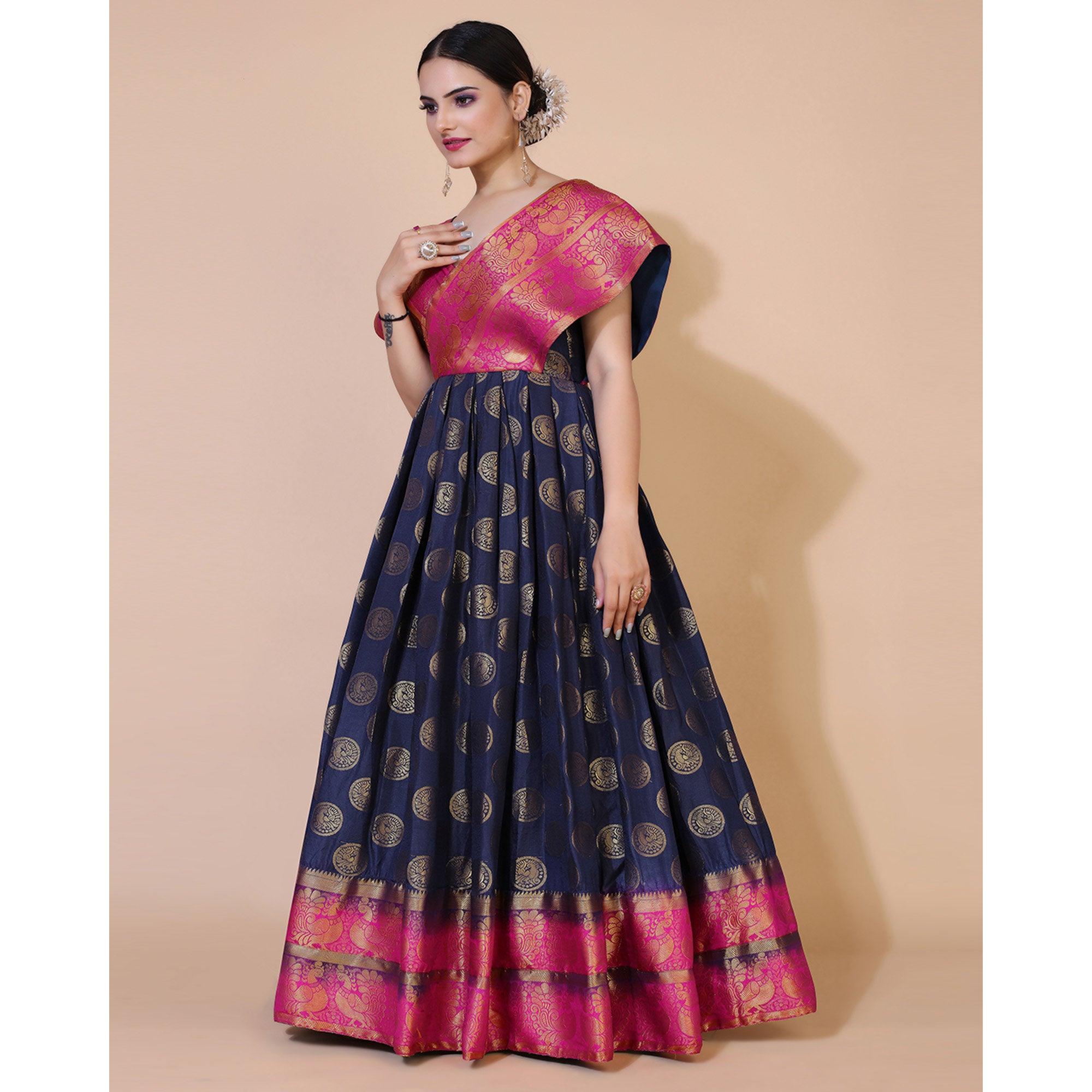 Navy Blue Woven Jacquard Anarkali Style Gown - Peachmode