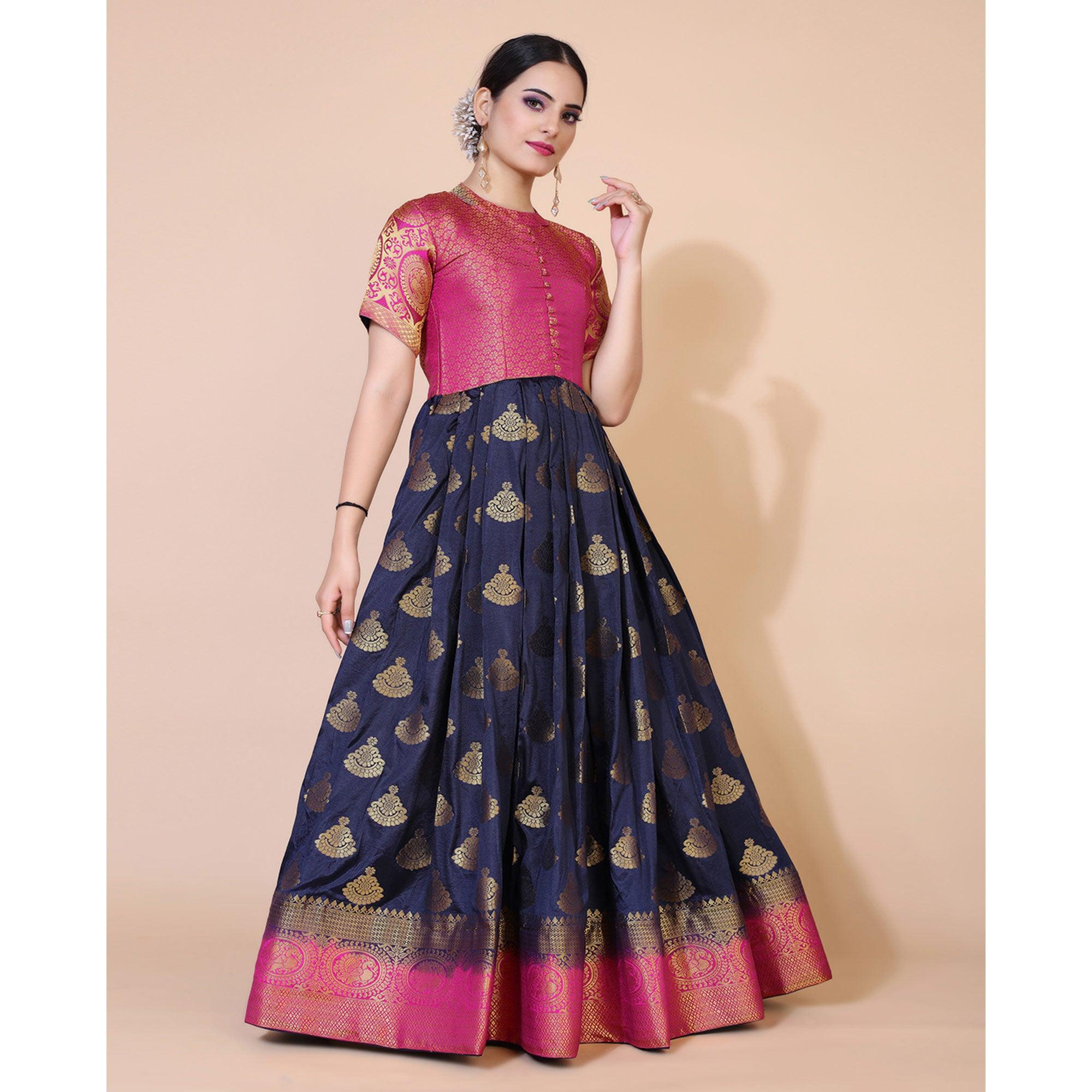 Navy Blue Woven Jacquard Anarkali Style Gown - Peachmode