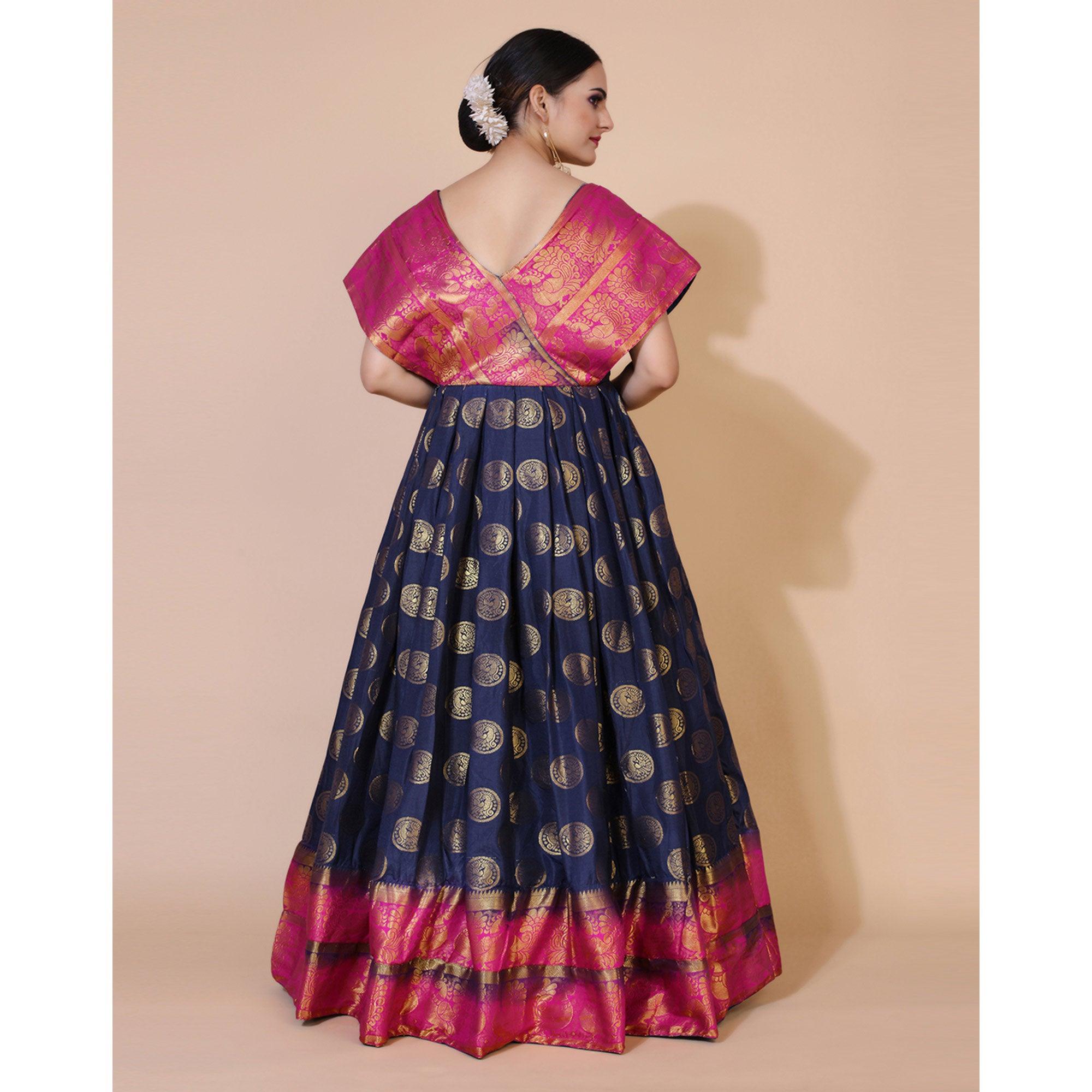 Navy Blue Woven Jacquard Anarkali Style Gown - Peachmode