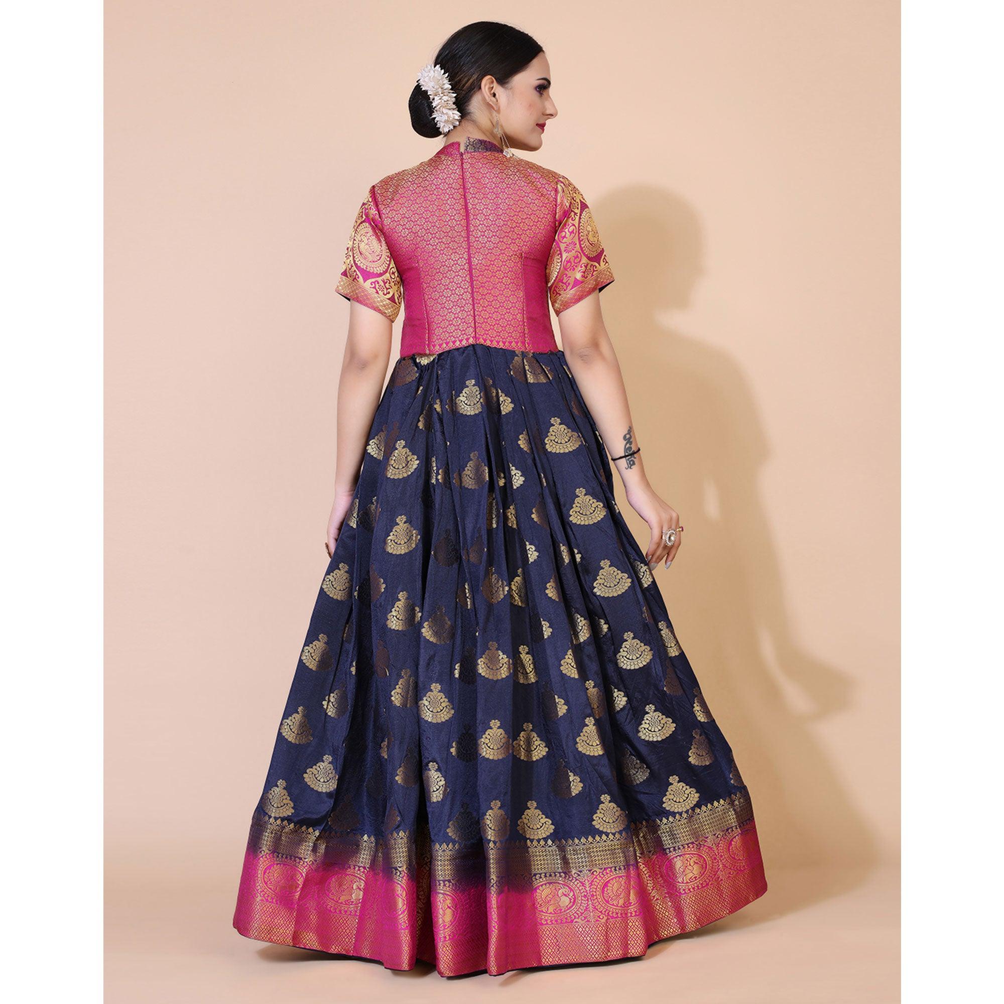 Navy Blue Woven Jacquard Anarkali Style Gown - Peachmode