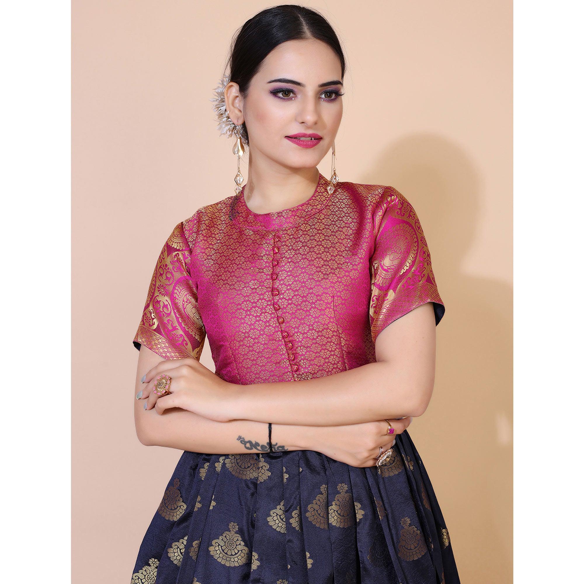 Navy Blue Woven Jacquard Anarkali Style Gown - Peachmode