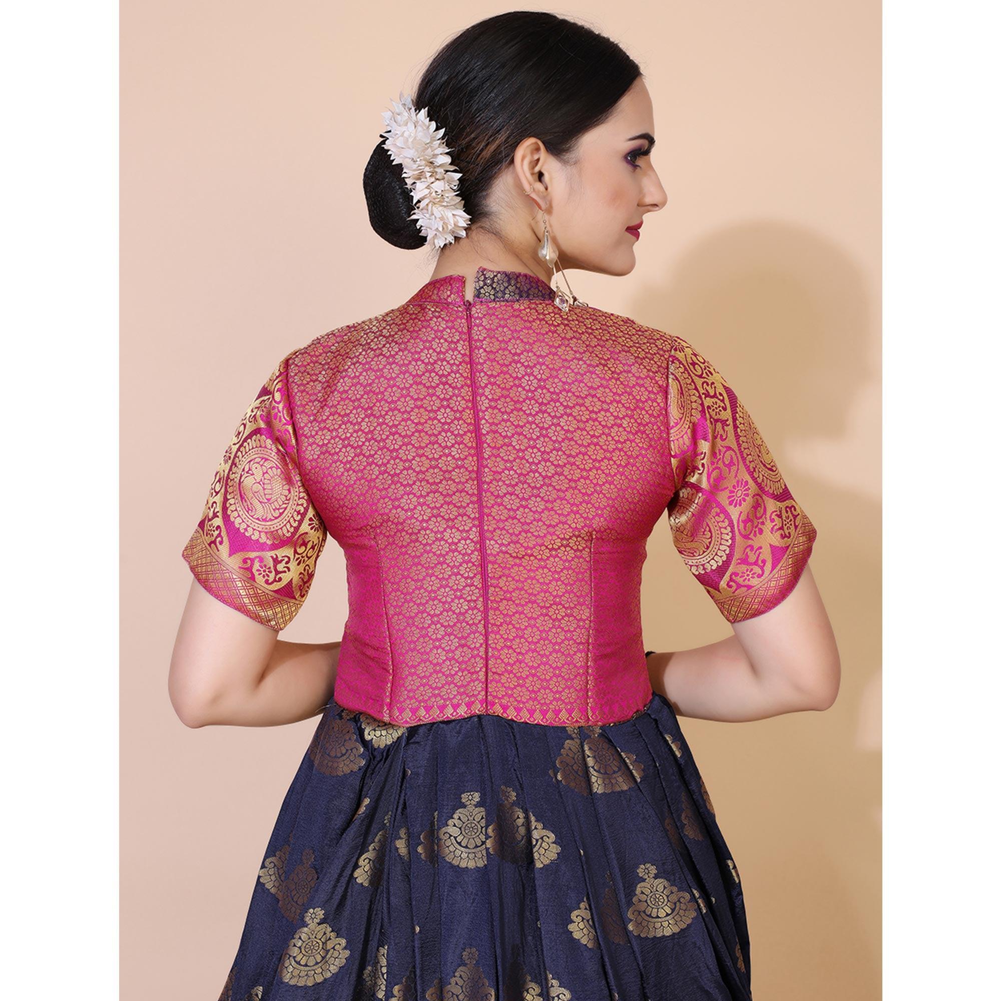 Navy Blue Woven Jacquard Anarkali Style Gown - Peachmode