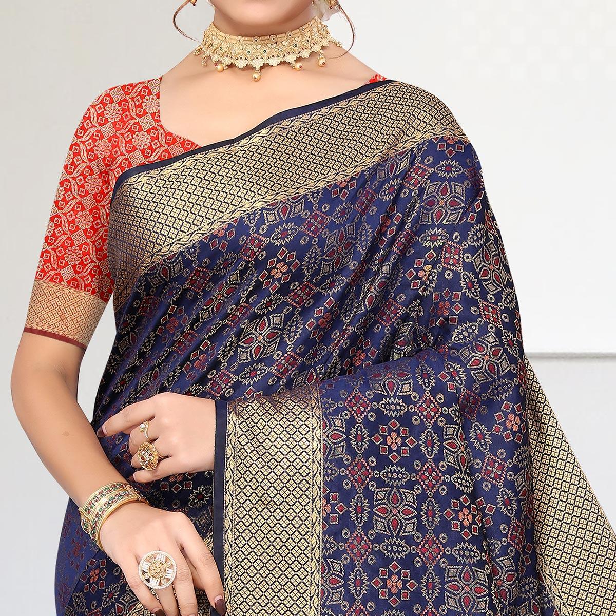 Navy Blue Woven Jacquard Saree - Peachmode