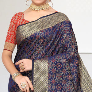 Navy Blue Woven Jacquard Saree - Peachmode