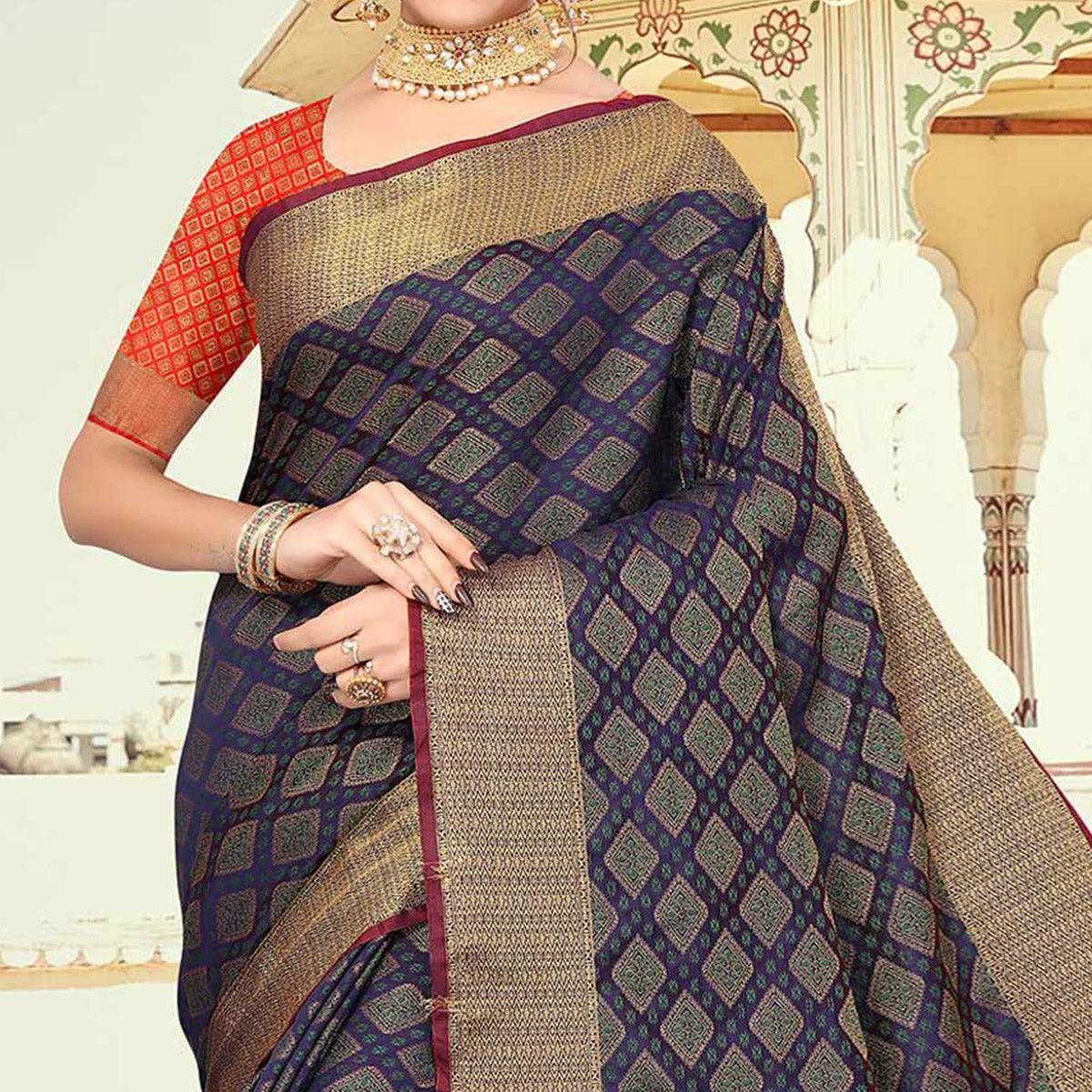 Navy Blue Woven Jacquard Saree - Peachmode
