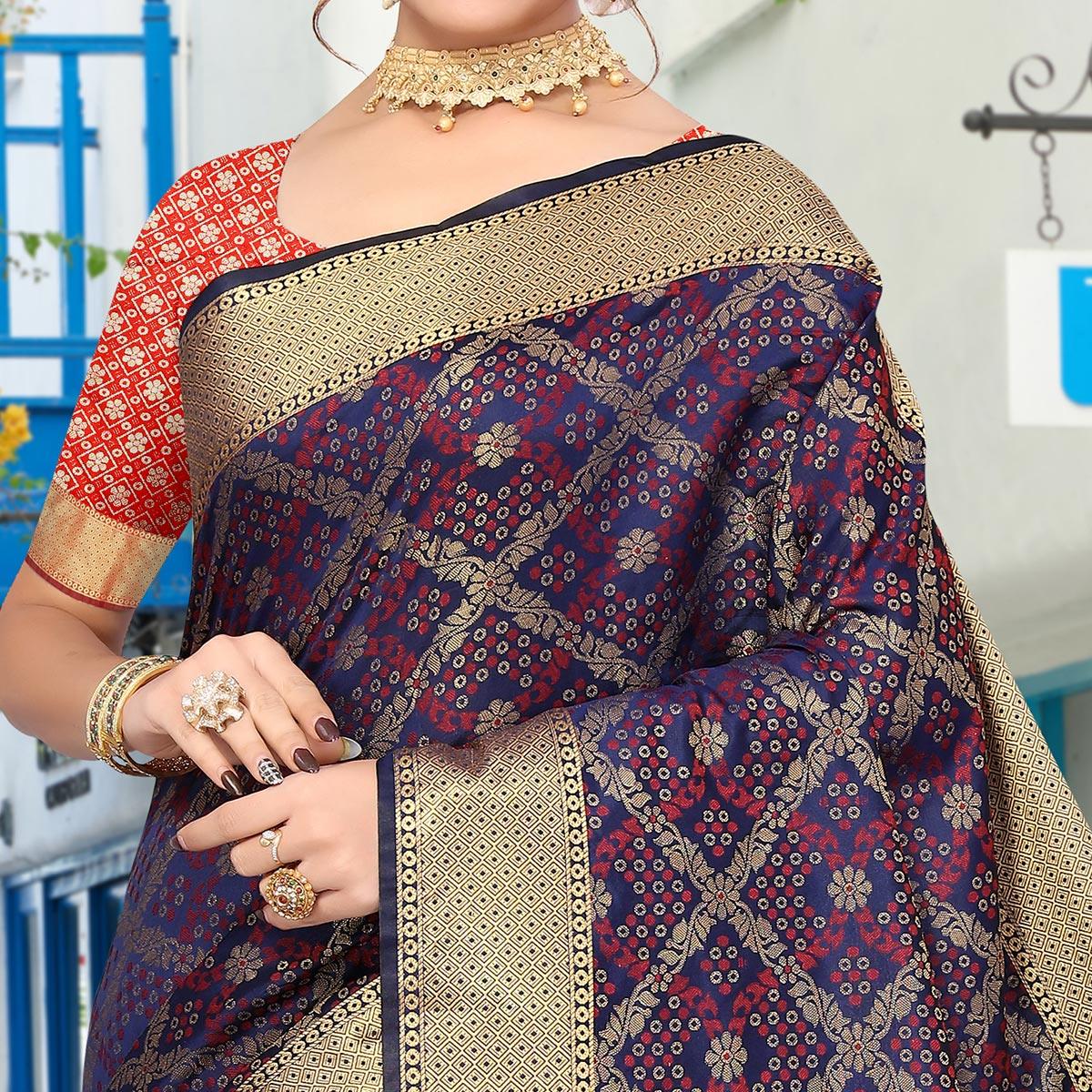 Navy Blue Woven Jacquard Saree - Peachmode